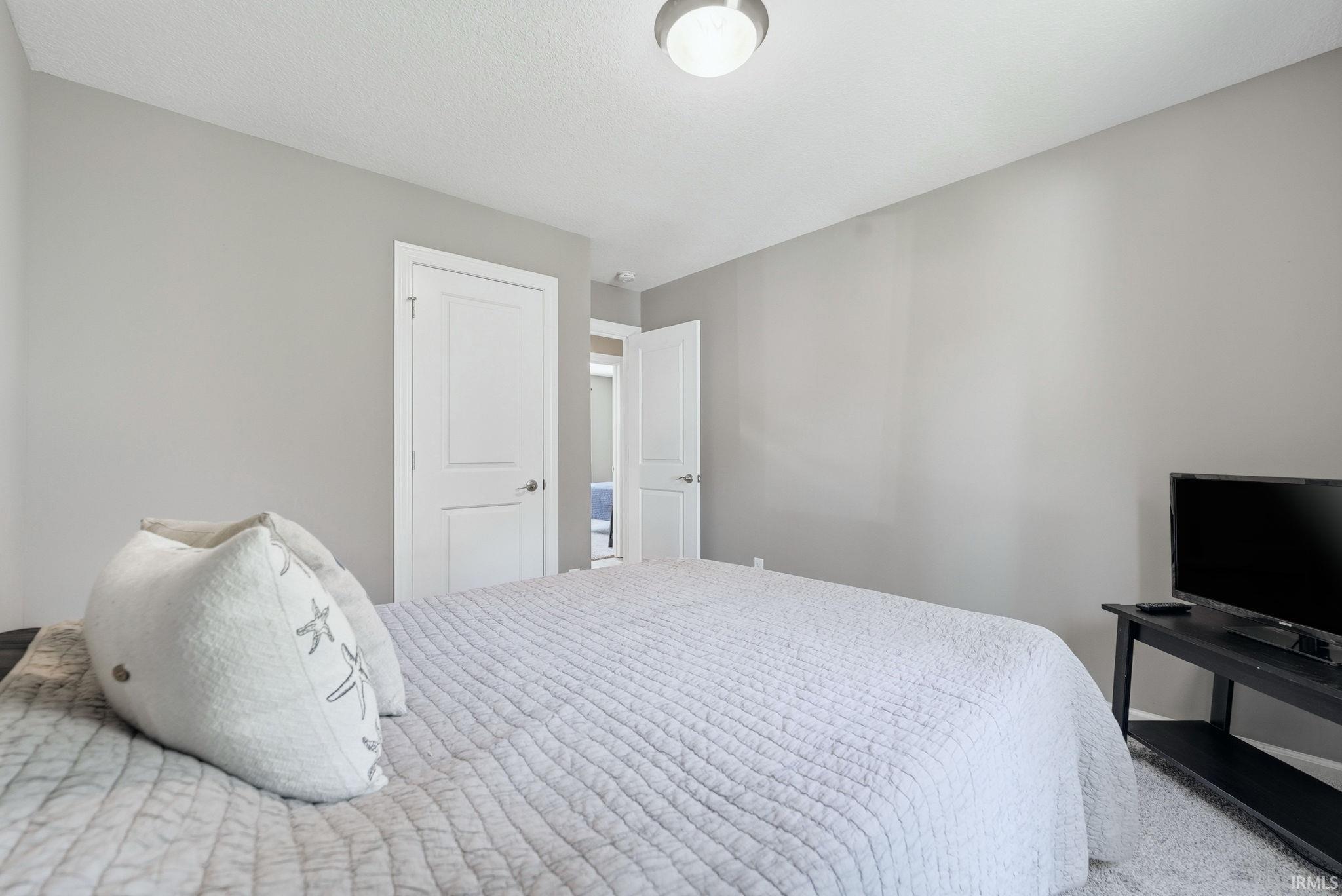 Interior room featuring light gray wall paint, white trim, and a white interior door with contemporary hardware