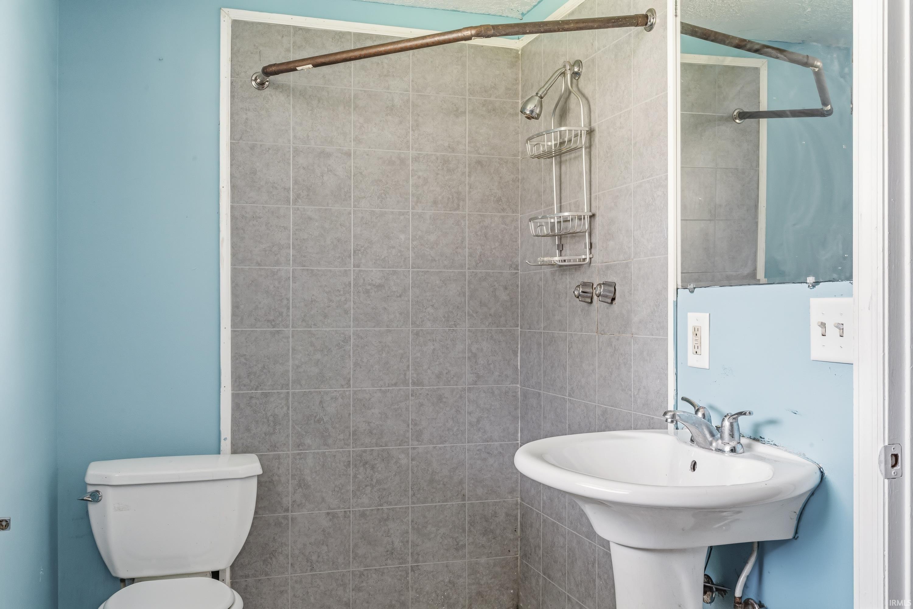 Bathroom featuring a pedestal sink, toilet, and tiled shower area with a shower head and storage caddy