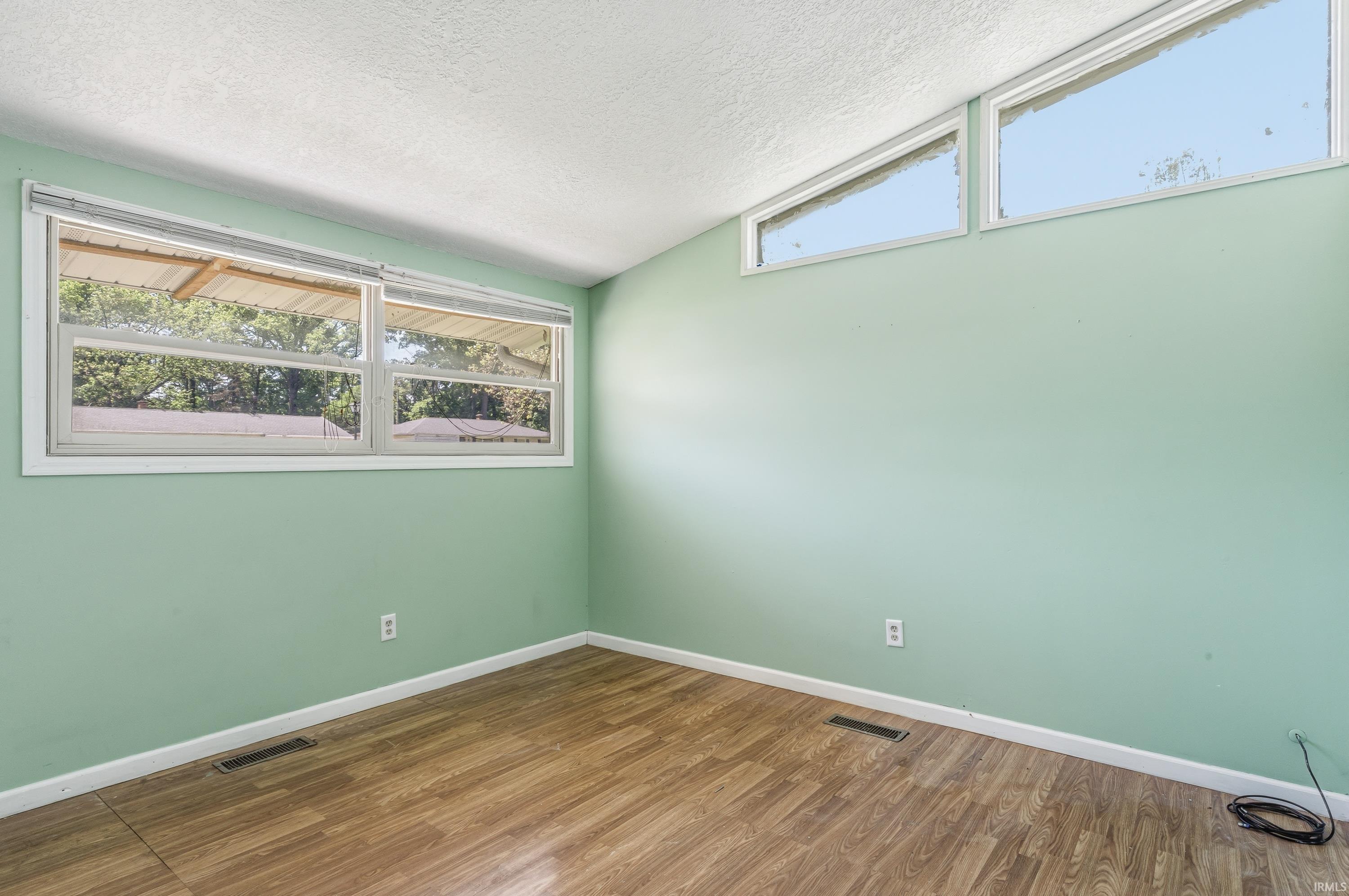 Room featuring two large windows and two transom windows, light green walls, white trim, and wood-finish flooring