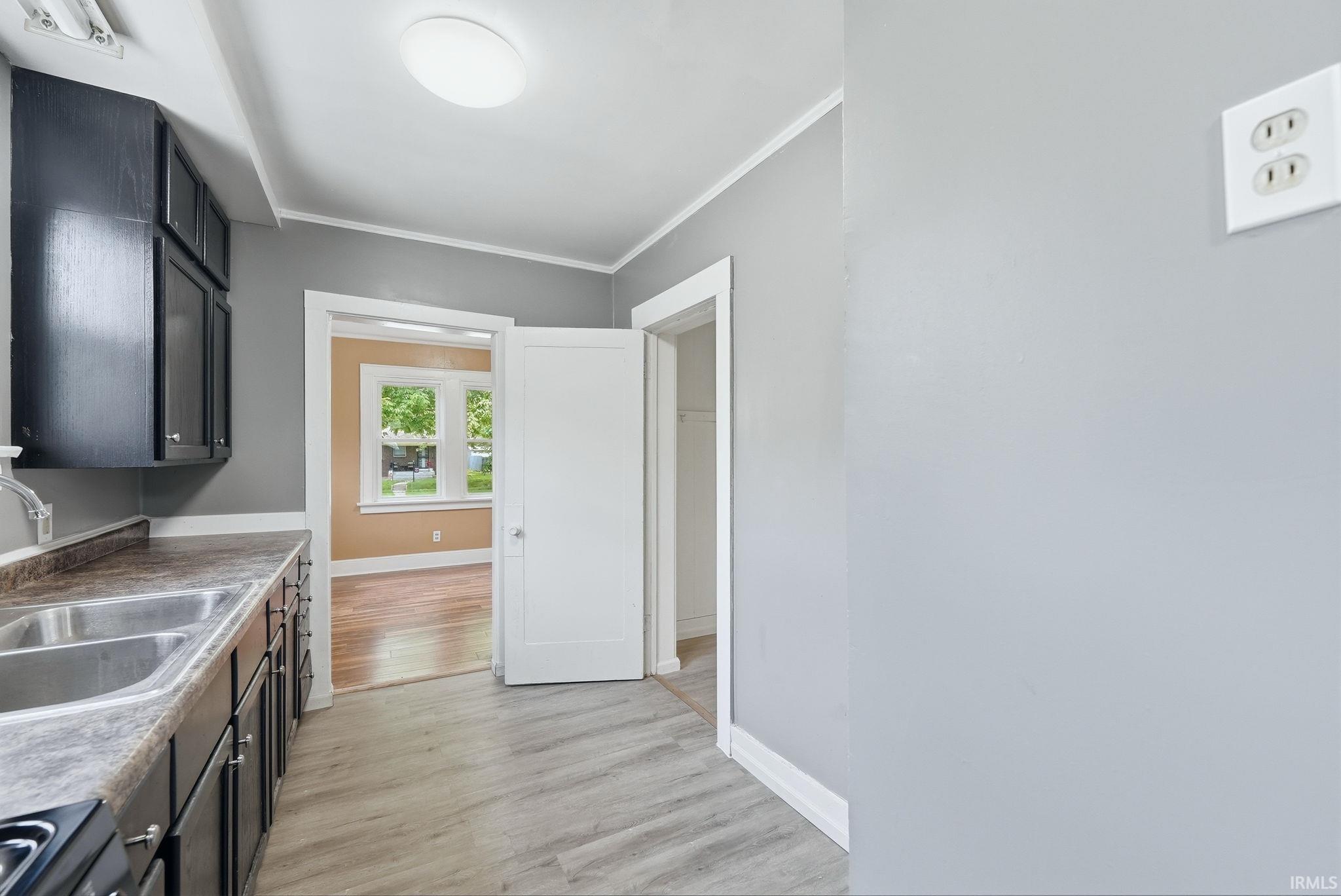 Kitchen featuring wood-finish flooring, dark cabinetry, a double basin sink, and a laminate countertop