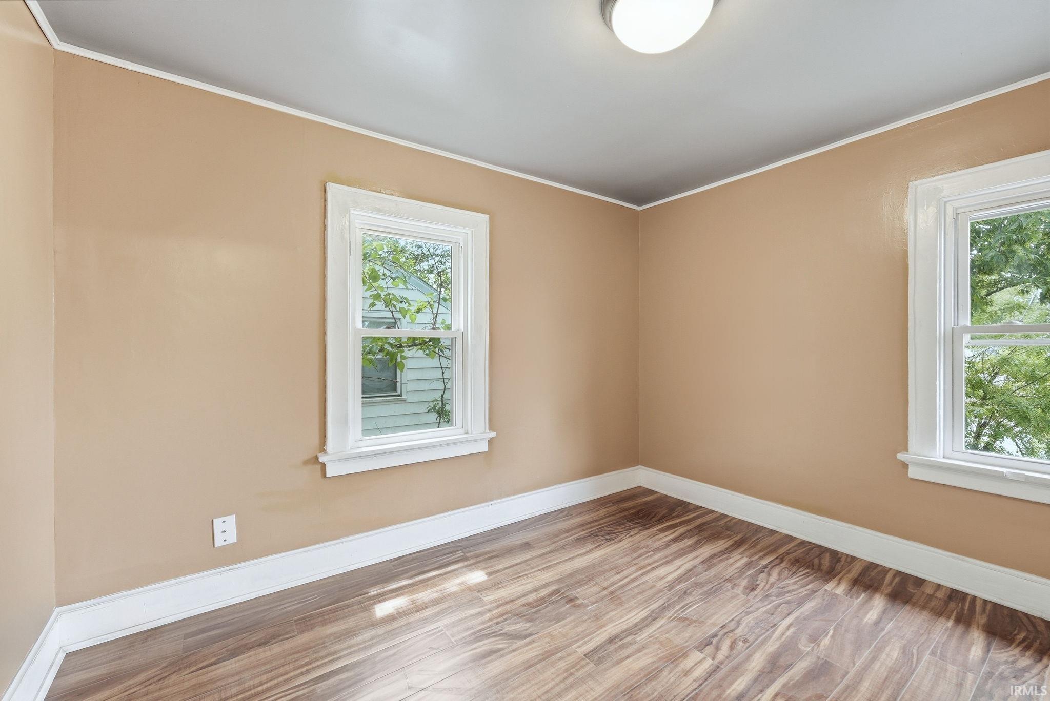 Interior room featuring wood-finish flooring, two white-framed windows, neutral wall color, white baseboards, and a ceiling-mounted light fixture