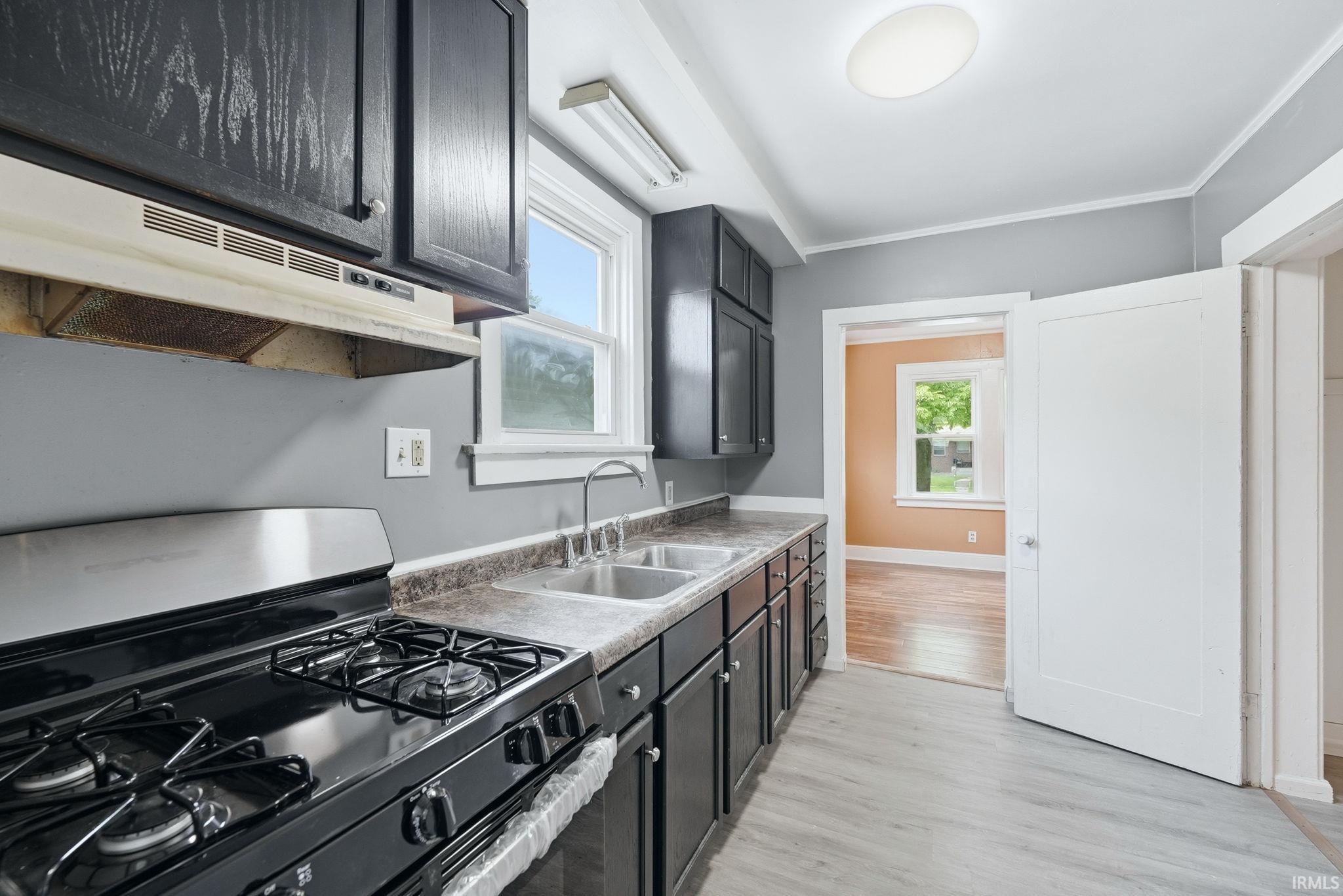 Kitchen featuring dark wood-finish cabinetry, light gray walls, and light wood-finish flooring