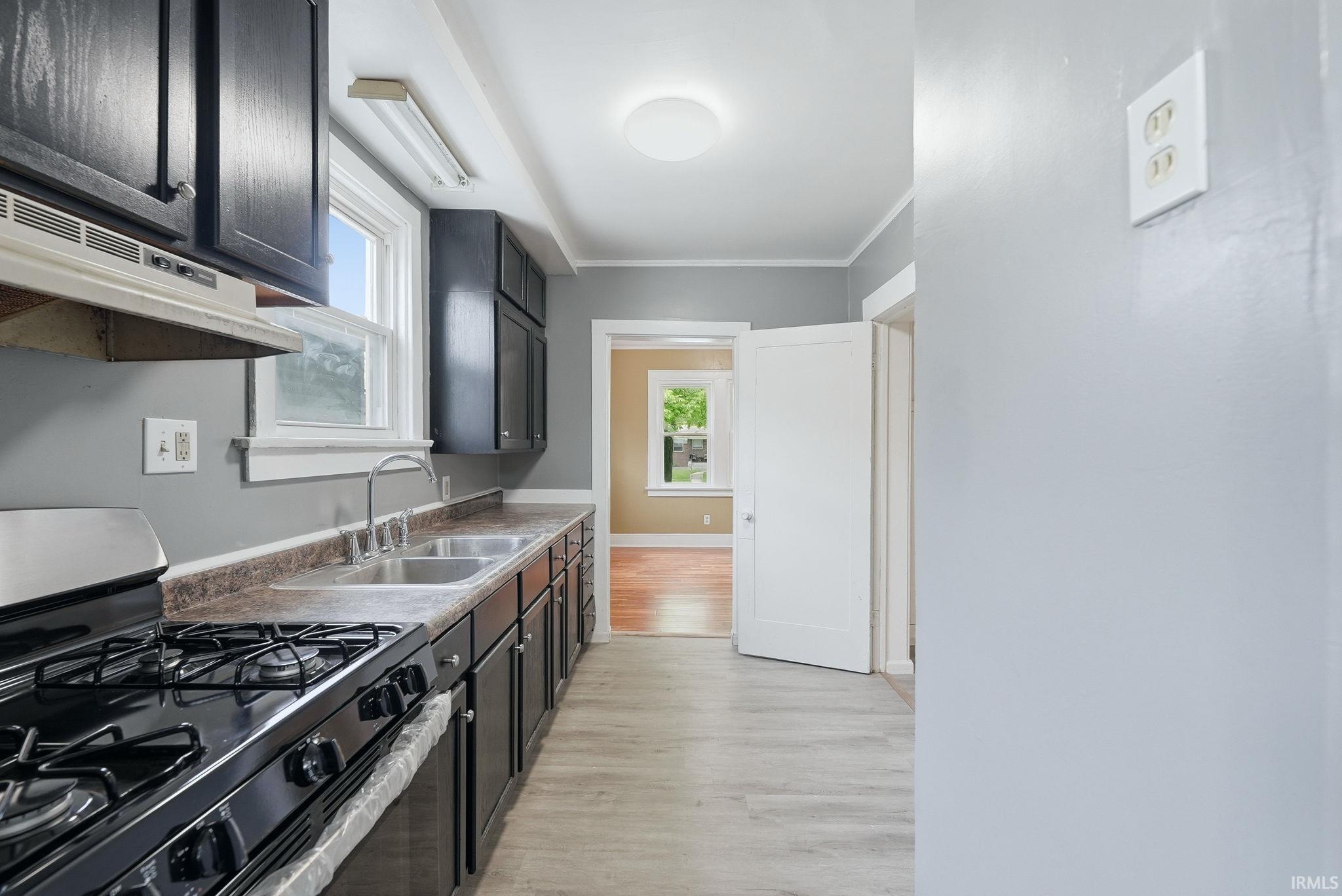 Galley kitchen featuring dark cabinetry, light wood-finish flooring, a stainless steel gas range, and a double basin sink