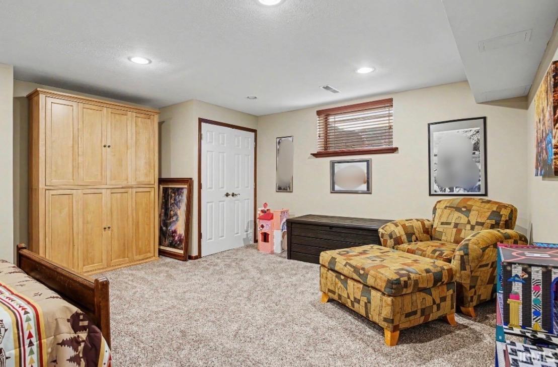 Recessed lighting illuminates a carpeted room featuring built-in wood cabinetry, a white paneled door, and a horizontal window with blinds