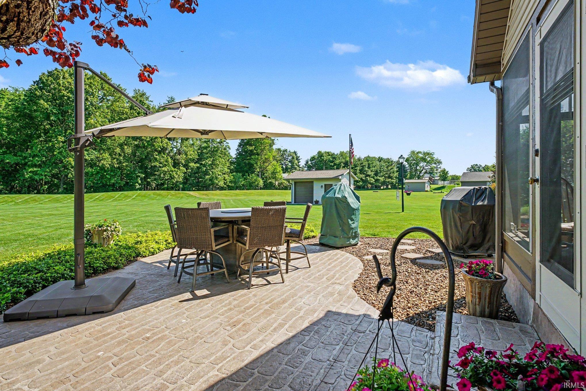 Expansive backyard featuring a patterned concrete patio, lush green lawn, mature trees, and a screened-in porch with direct access