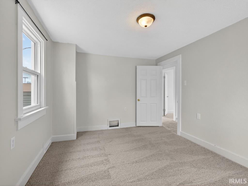 Carpeted room featuring a double-hung window with white trim, light gray painted walls, and a ceiling-mounted light fixture