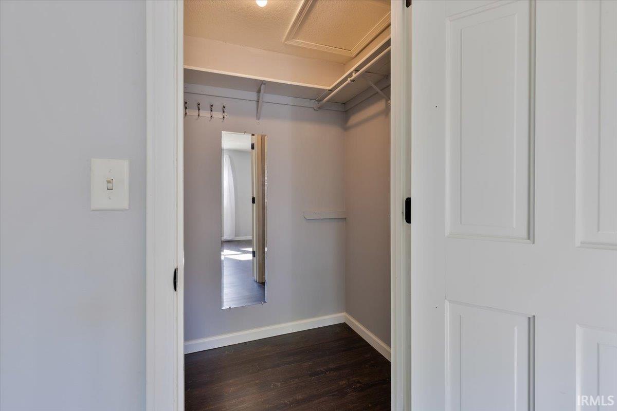 Walk-in closet featuring wood-finish flooring, light gray walls, built-in shelving, and a full-length wall-mounted mirror
