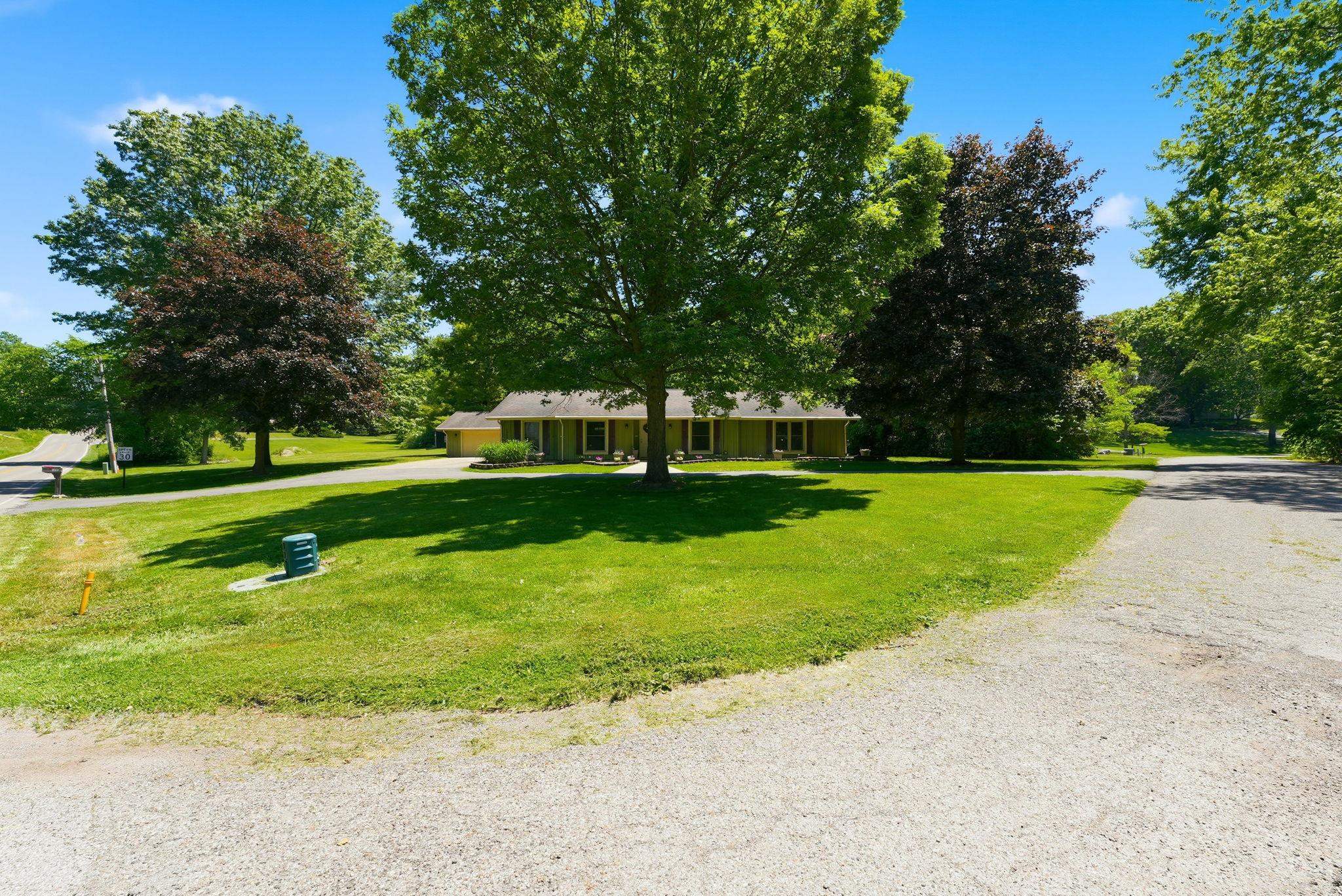 Ranch-style residence featuring a prominent front lawn, mature trees, and a gravel driveway