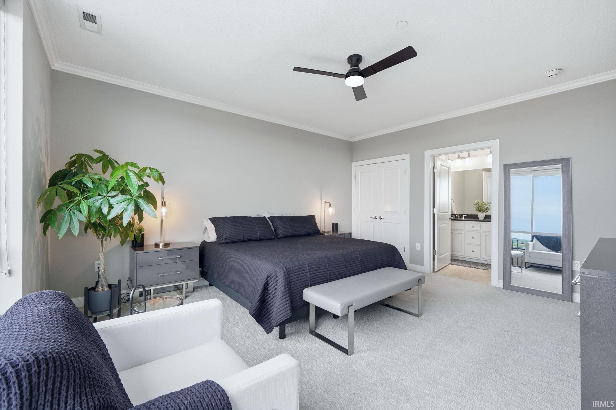 Carpeted room featuring a ceiling fan with integrated lighting, crown molding, and double-door closet