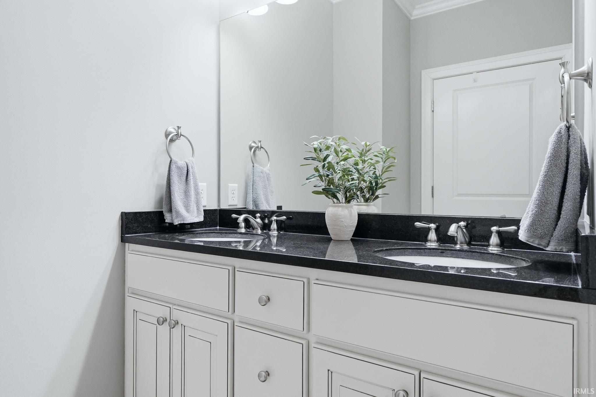 Double vanity featuring white cabinetry with brushed nickel hardware, two undermount sinks, and a dark stone countertop