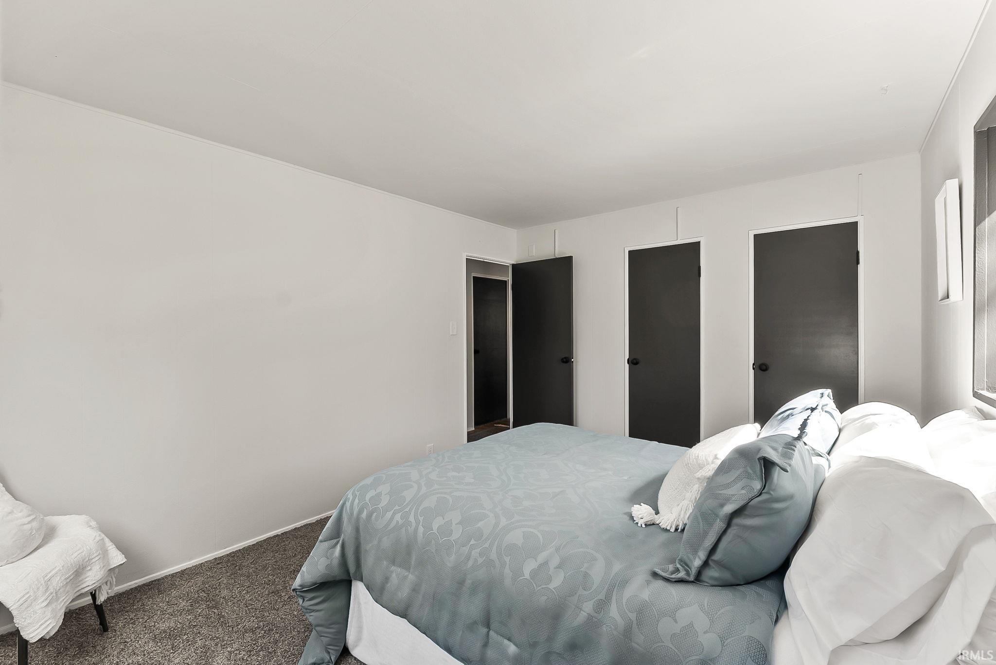 Bedroom featuring three dark-paneled doors, neutral wall tones, and gray carpeting