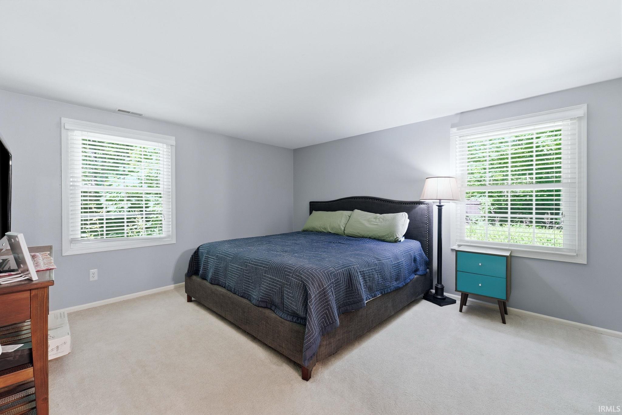 Spacious room featuring light gray walls, white trim, two large windows with horizontal blinds, and plush light-colored carpeting
