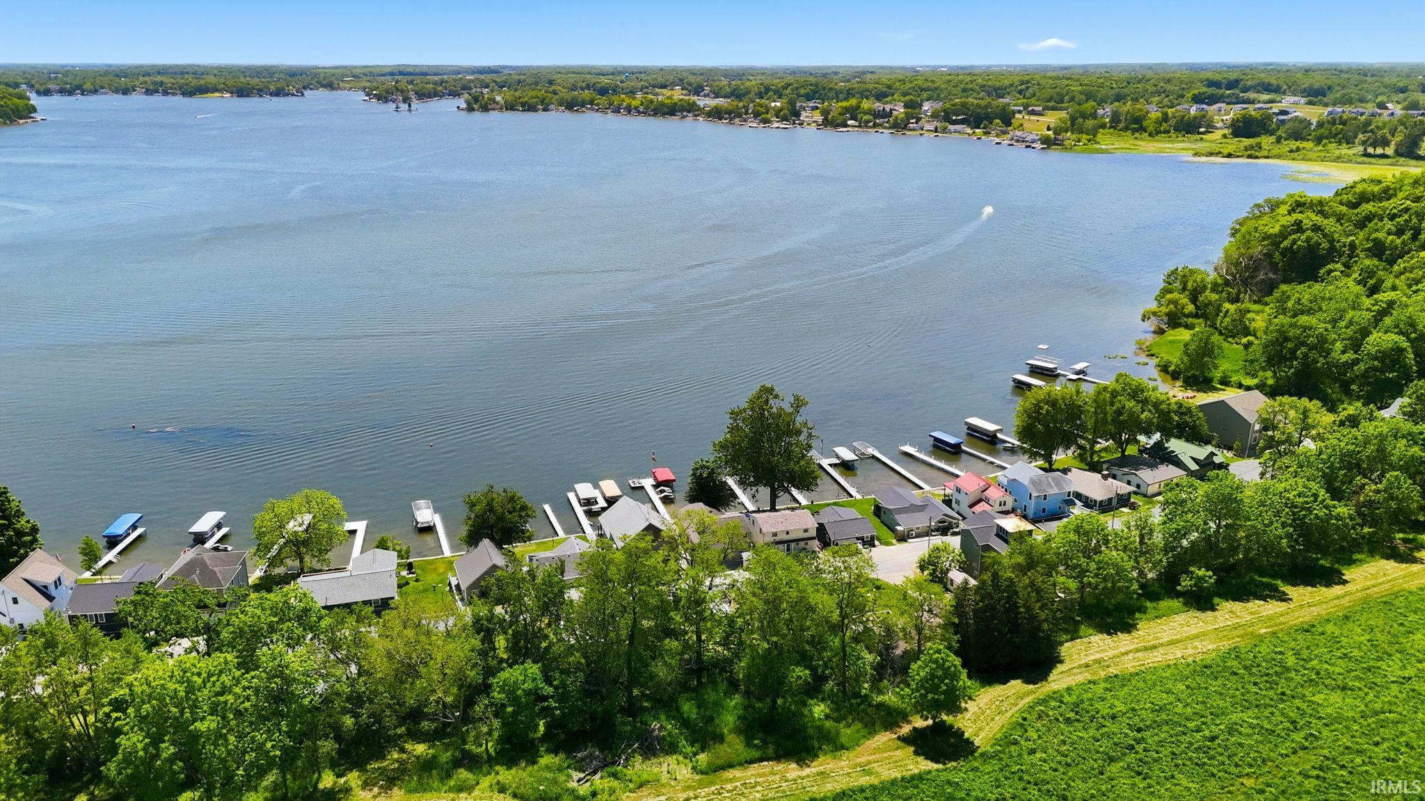 Expansive lakefront properties with private docks, surrounded by lush green foliage and mature trees