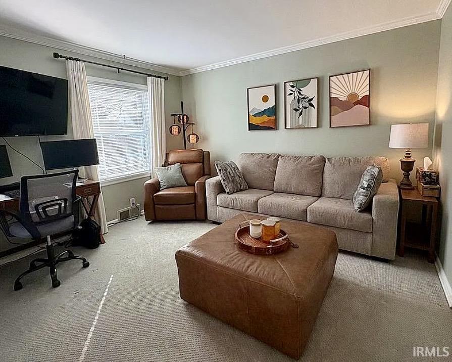 Interior living area featuring light green walls, white crown molding, and light gray carpeted flooring