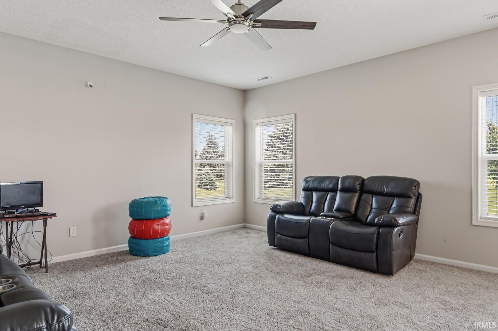 Spacious room featuring neutral carpeting, light gray wall tones, and multiple windows with white blinds