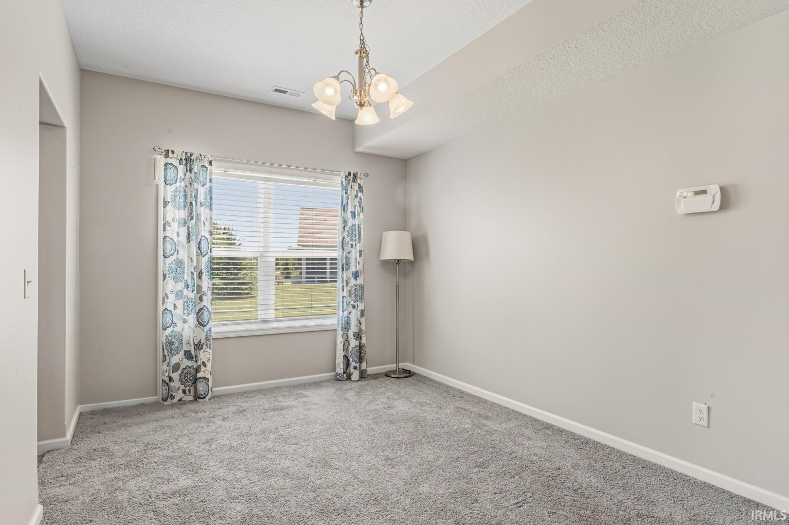 Bright room with neutral wall paint and plush gray carpeting