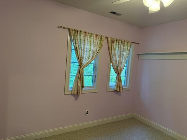 Dual windows with white trim, light purple walls, and carpet flooring