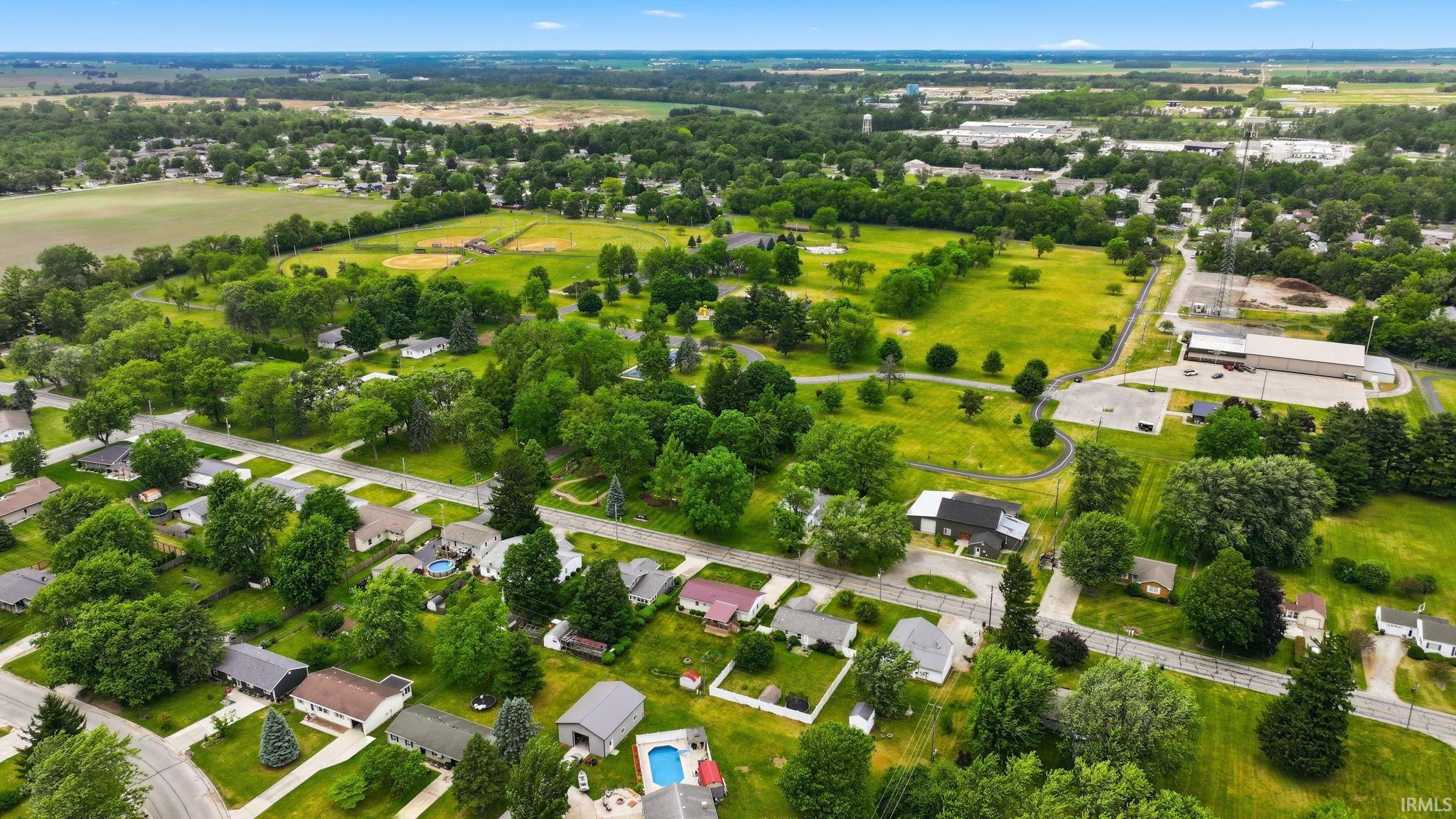 Aerial perspective showcasing a residential area with varied housing styles