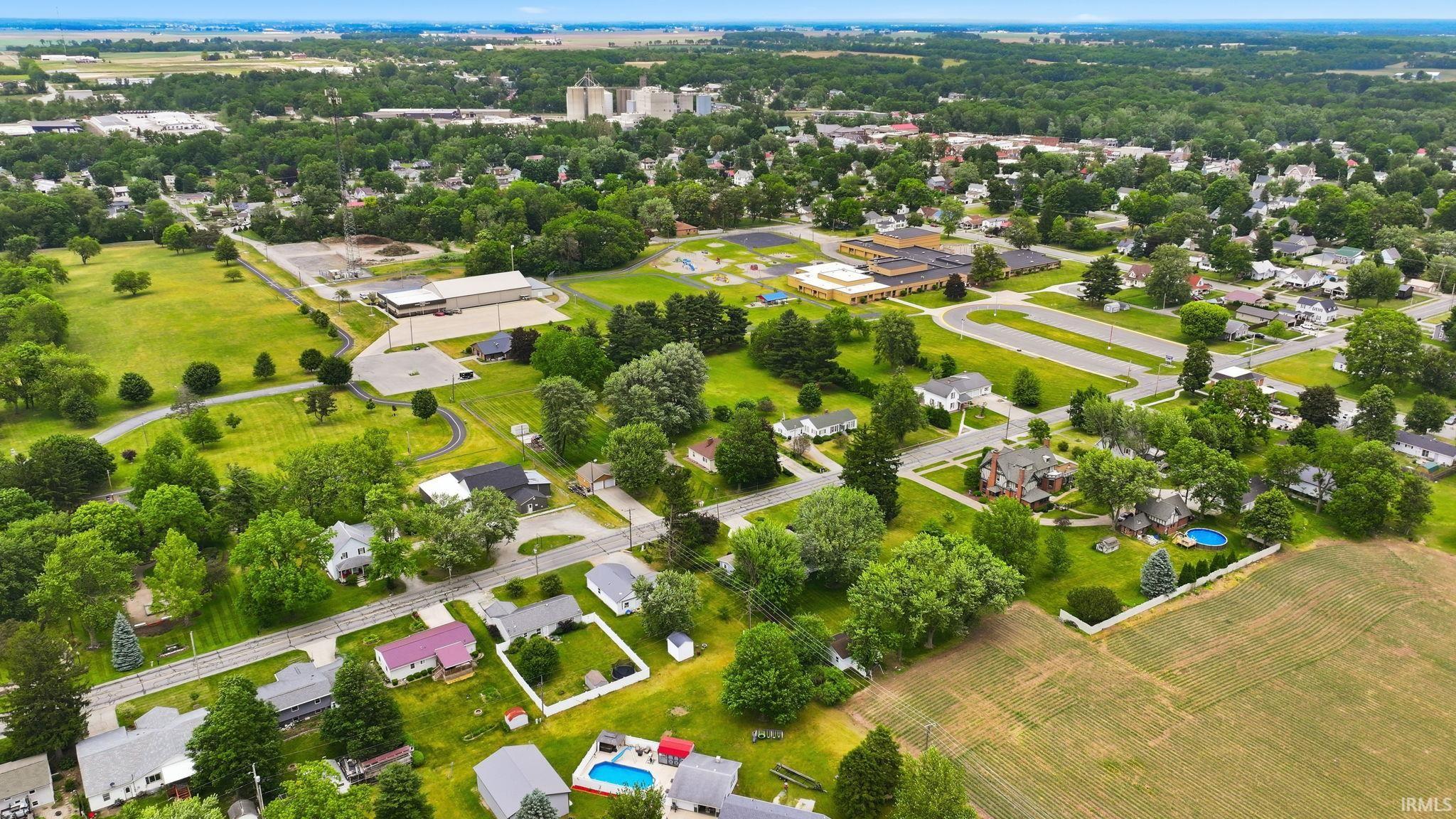Aerial perspective showcasing a residential area with various housing styles
