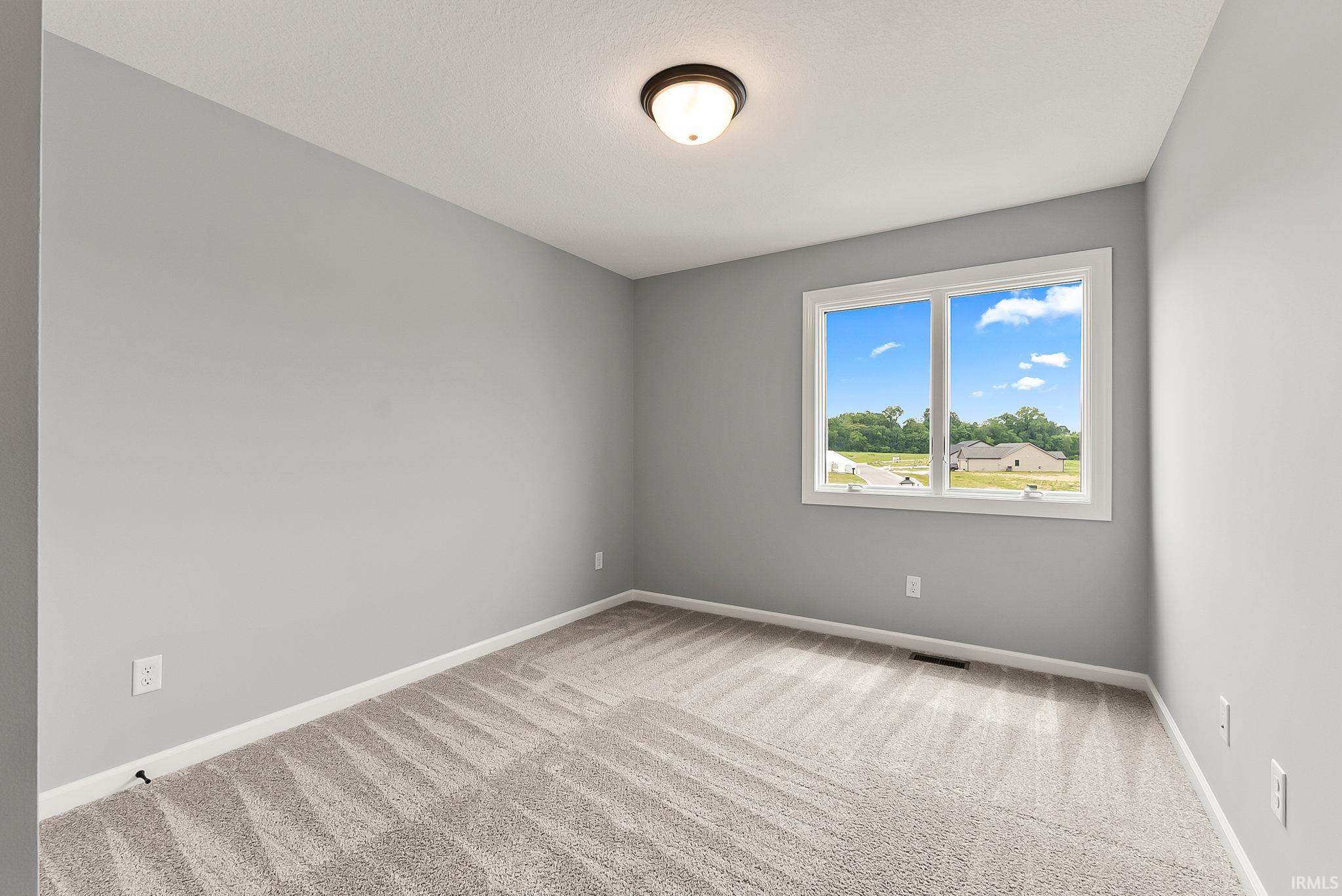 Room featuring light gray walls, plush gray patterned carpet, and white trim