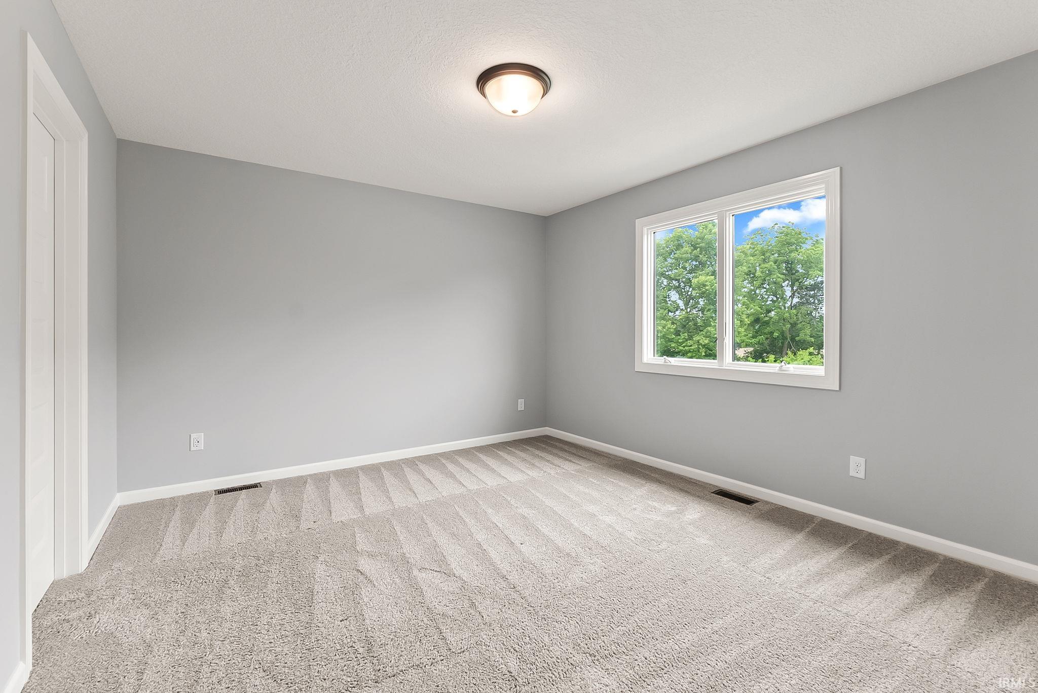 Carpeted room featuring light gray walls, a flush-mount ceiling light fixture, white trim, and a window with a white frame