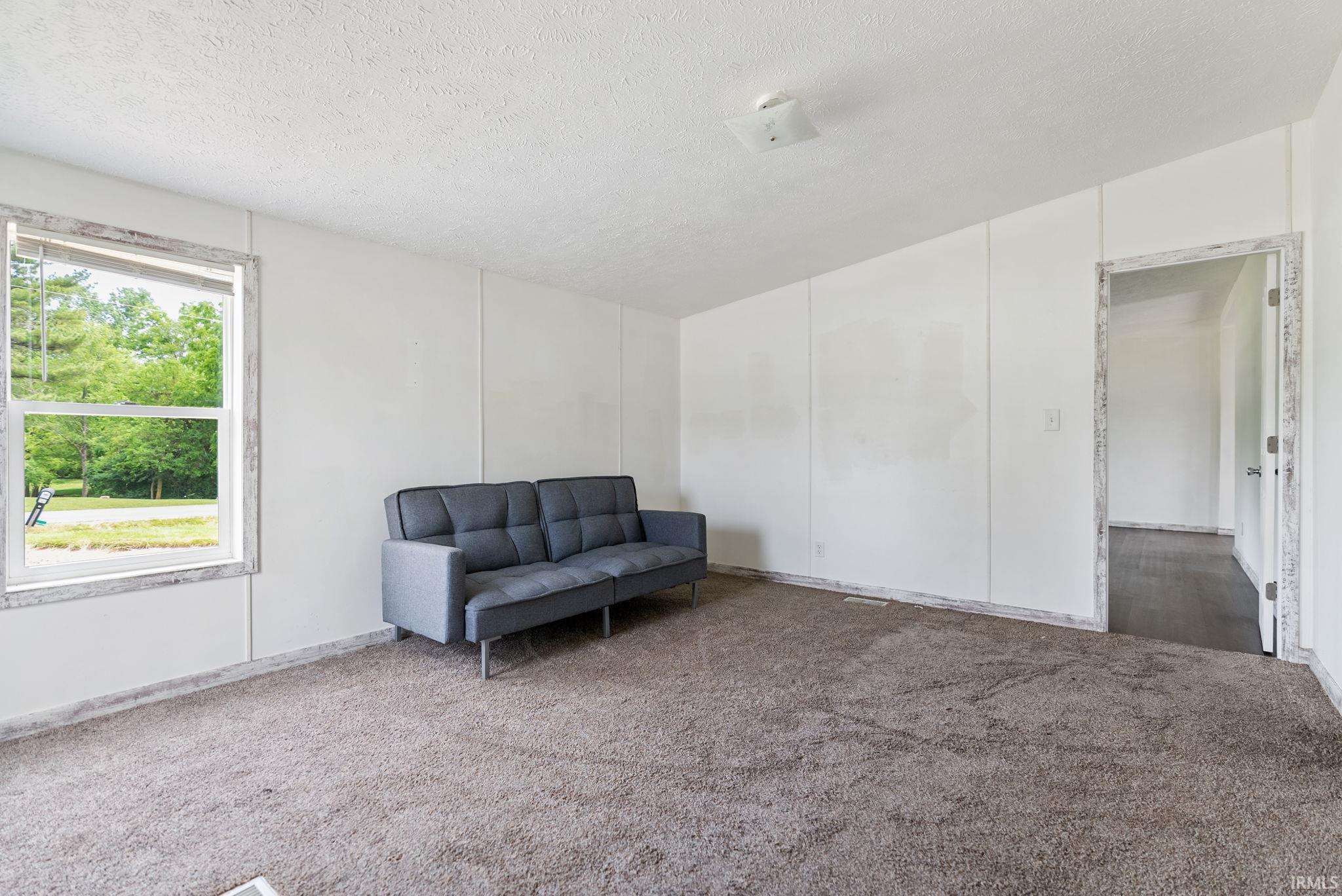 Spacious interior room featuring plush brown carpeting, light-colored wall paneling, and an overhead light fixture
