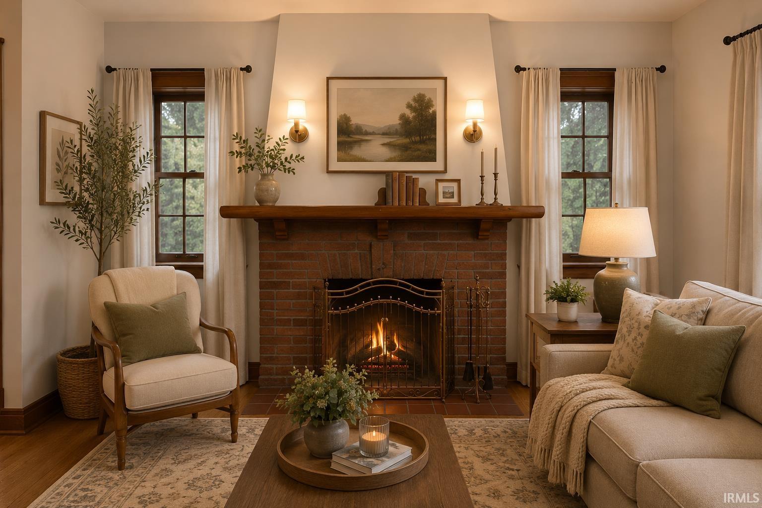Brick fireplace with a substantial wood mantel