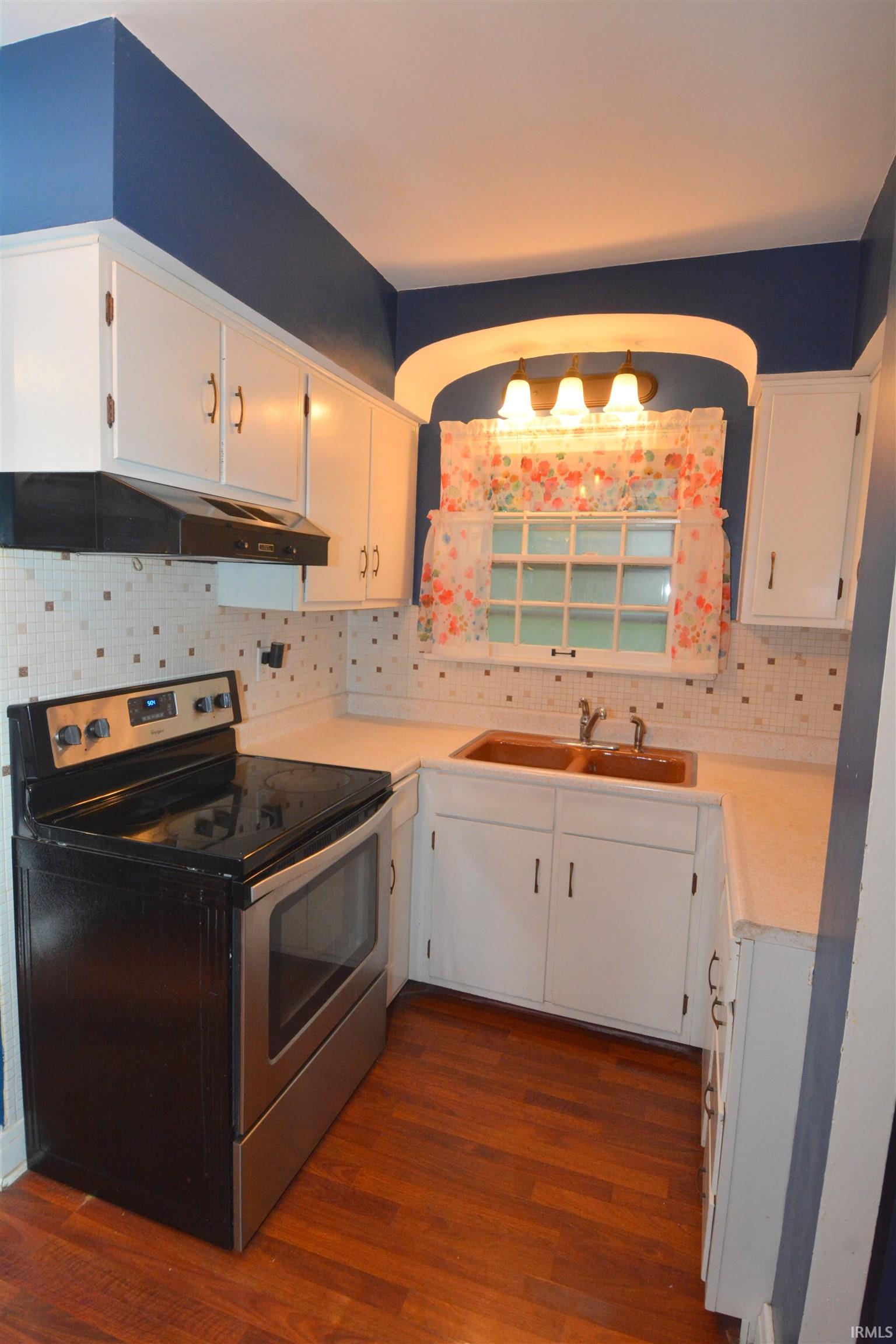 Compact kitchen featuring wood-finish flooring, white cabinetry, and a tile backsplash