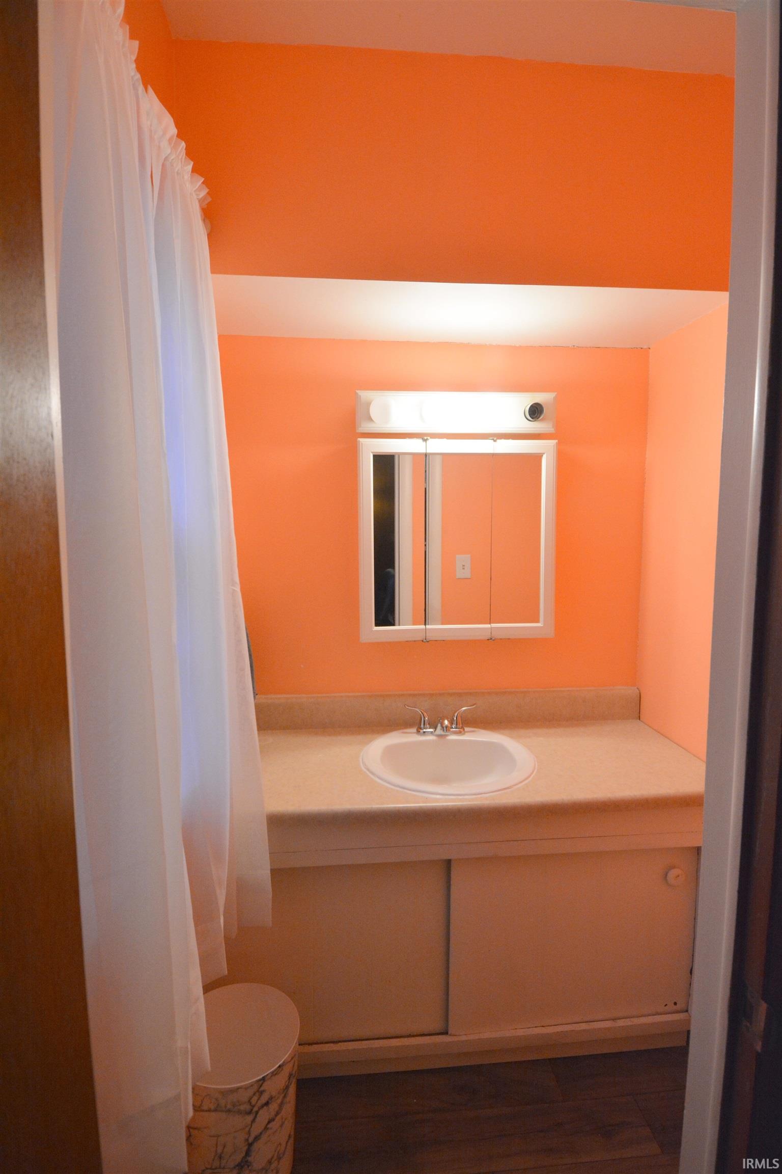 Vanity area featuring a built-in countertop with an oval sink, chrome faucet, and under-sink storage with sliding doors