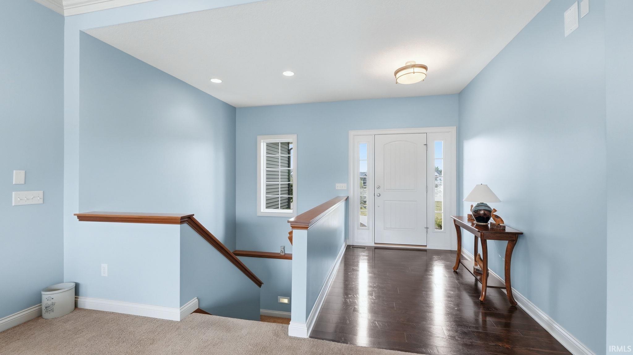 Entryway featuring a paneled front door with sidelights, dark wood-finish flooring, and a semi-flush ceiling light fixture