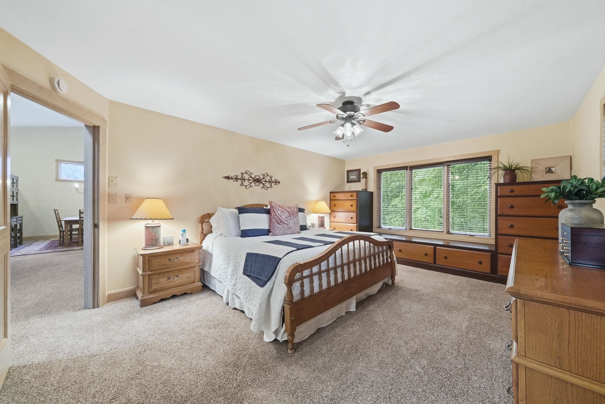 Spacious room featuring carpet flooring, a multi-pane window with integrated storage, and a ceiling fan with light fixture
