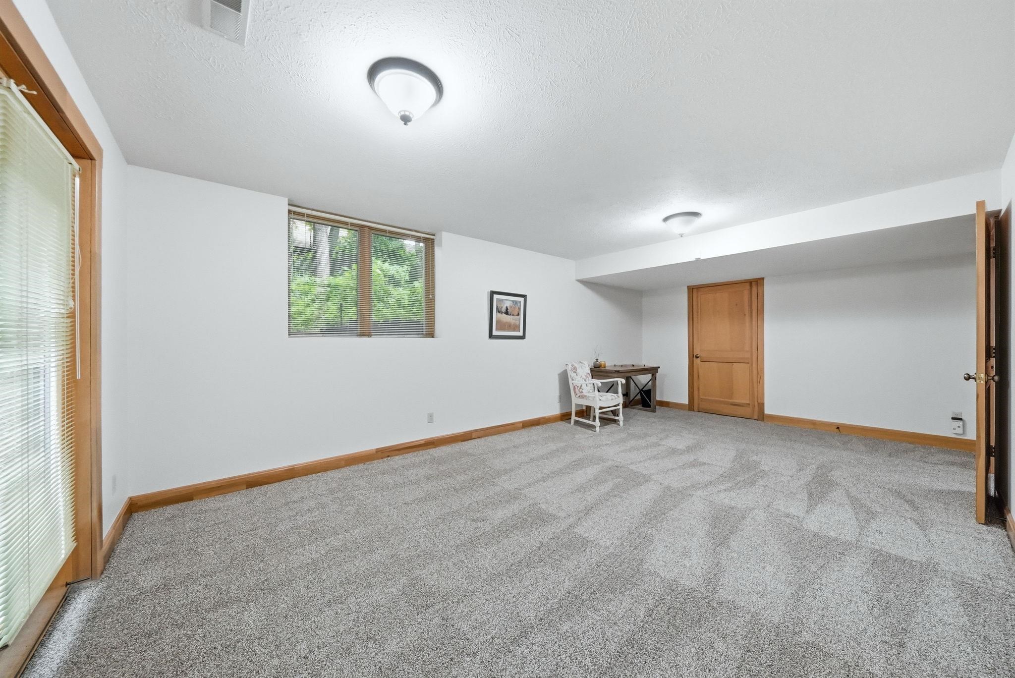 Spacious room featuring light gray patterned carpeting, a large window with wood trim, and a wood-paneled door