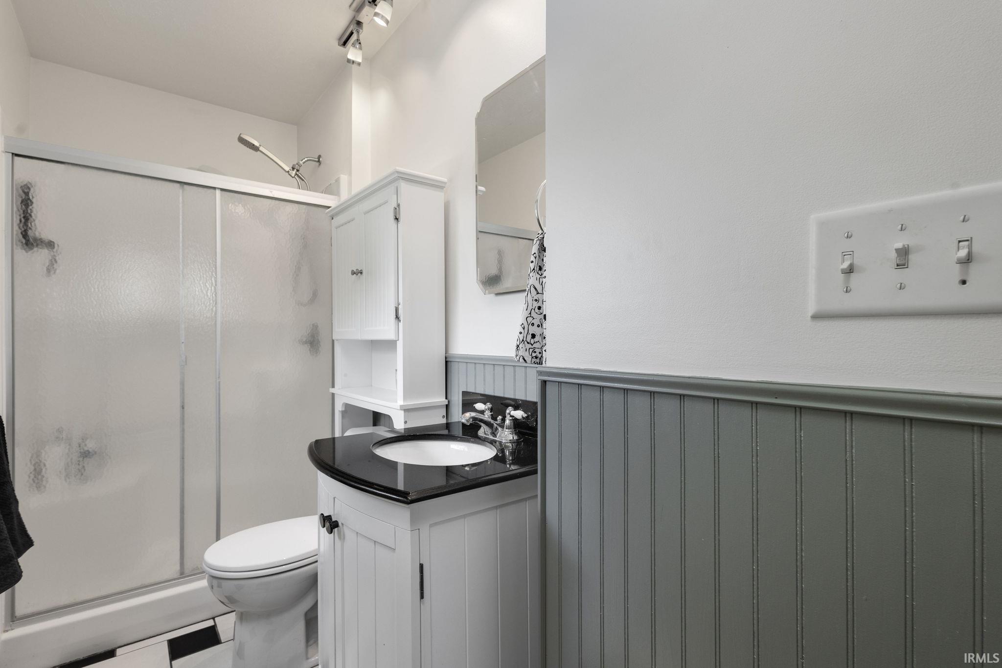 Bathroom featuring a glass-enclosed shower with a handheld showerhead, a white vanity with a black countertop and integrated sink, a white wall-mounted storage cabinet, and beadboard paneling on the lower walls