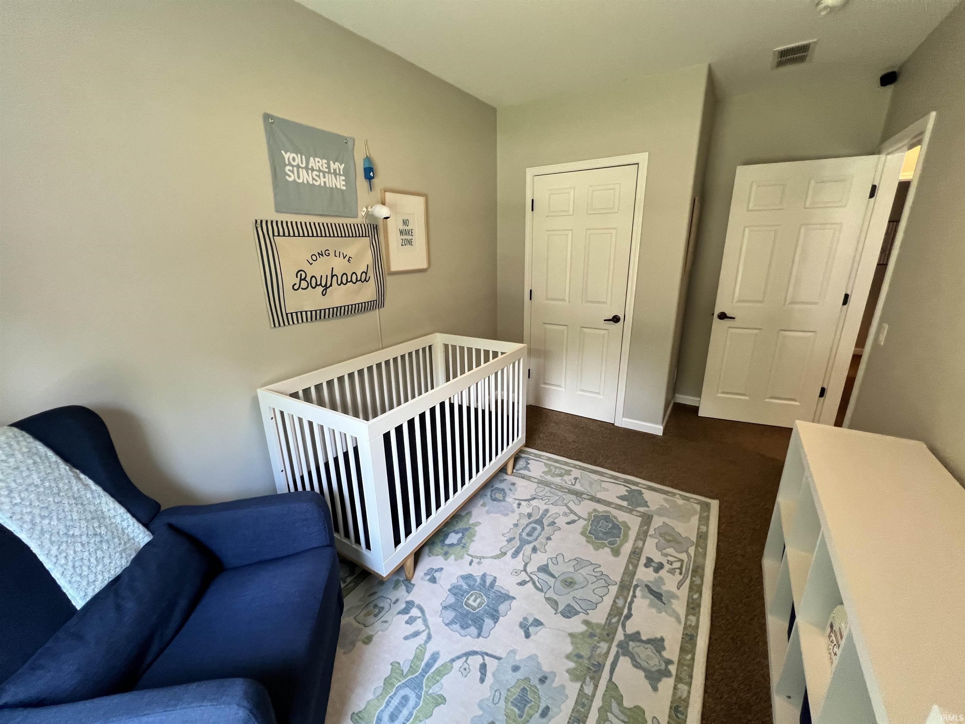 Room with neutral-toned walls, featuring two white paneled doors with black hardware, and carpeted flooring