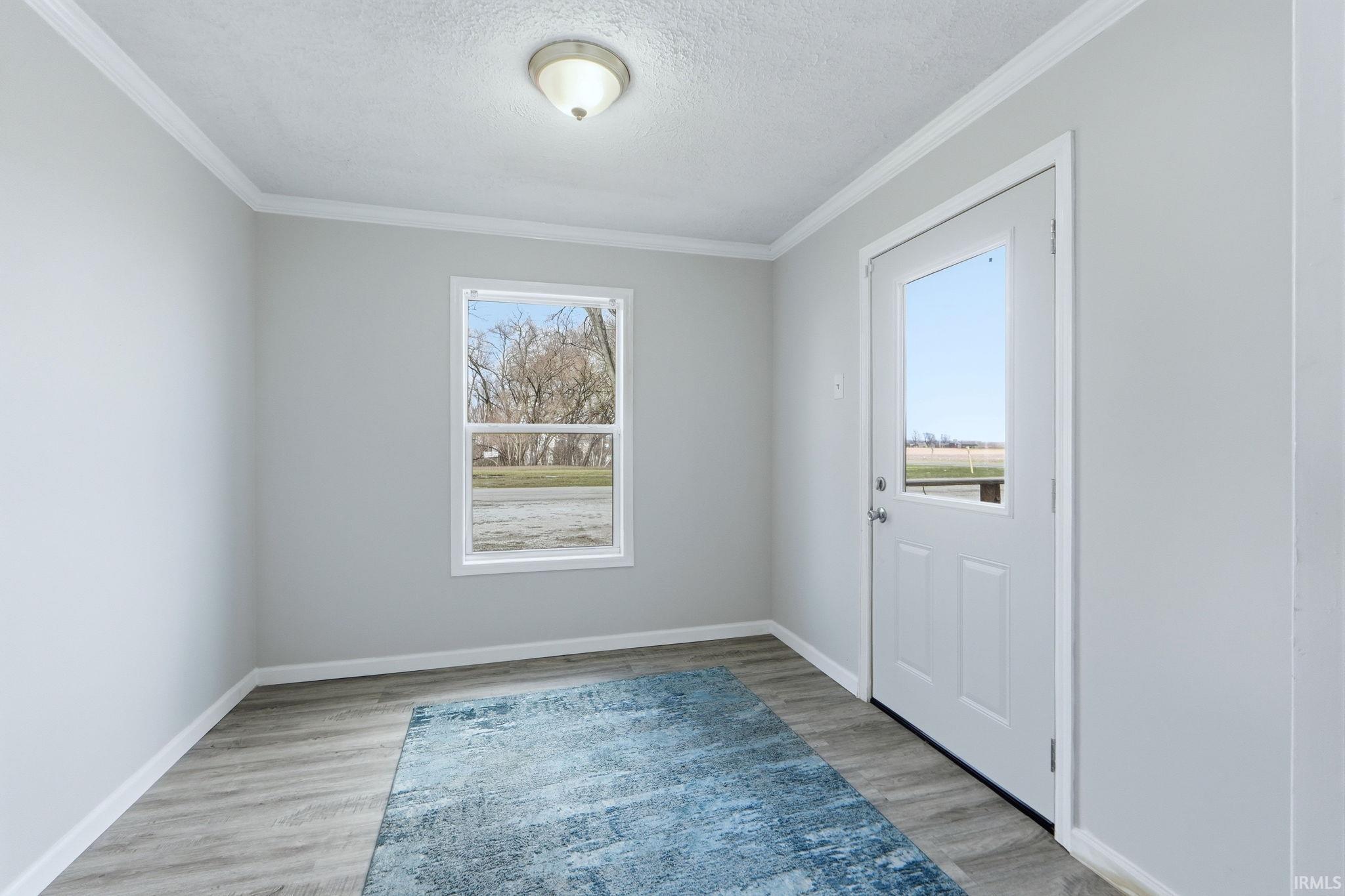 Bright room featuring light grey walls, wood-finish flooring, white trim, a single-pane window, and a white entry door with an upper glass panel