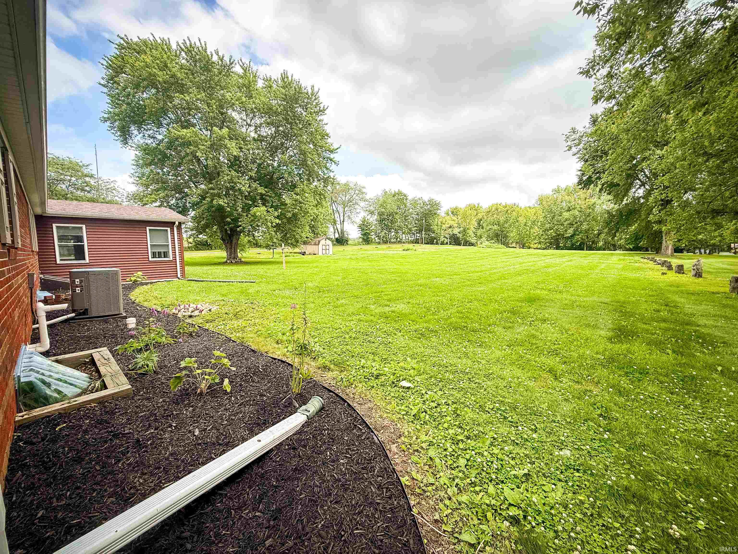 Expansive green lawn with mature trees and a detached shed