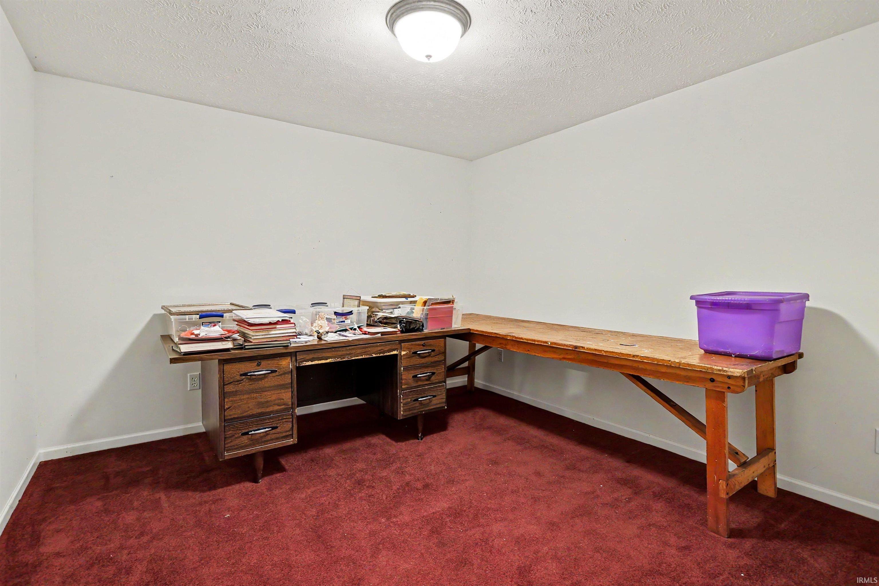 Room featuring neutral white walls and red carpeting