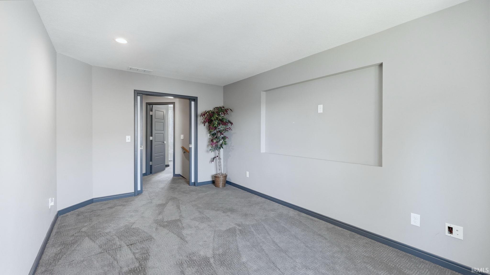 Gray carpeted room with light gray walls and dark gray trim