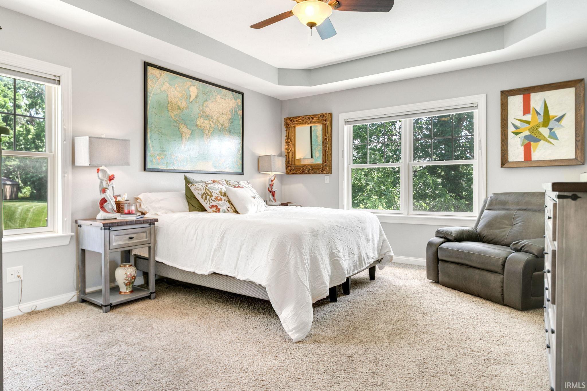 Carpeted room featuring a tray ceiling, ceiling fan, and multiple windows