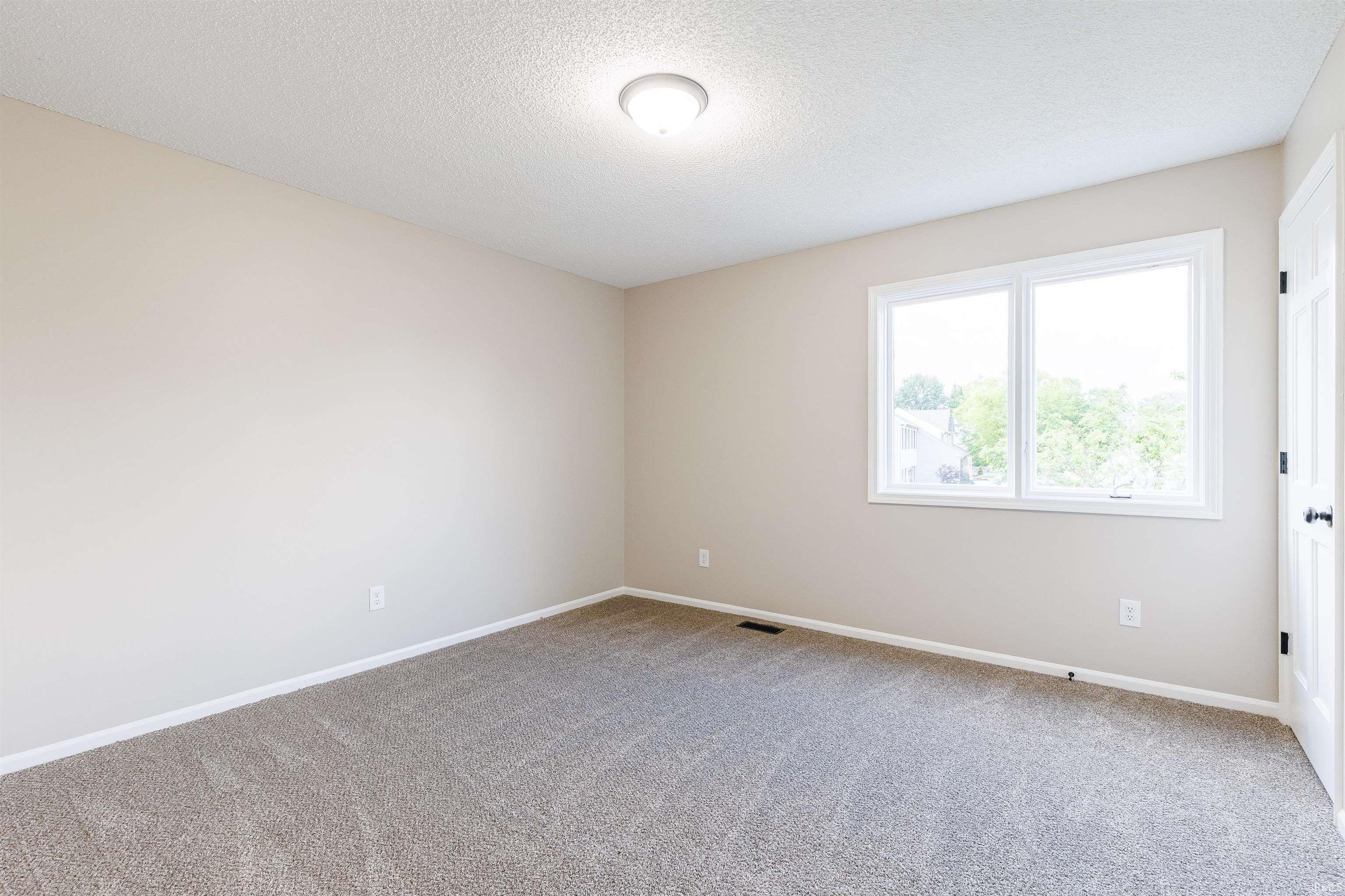 Spacious room featuring neutral paint, light gray carpeting, a double window, a ceiling-mounted light fixture, and white trim