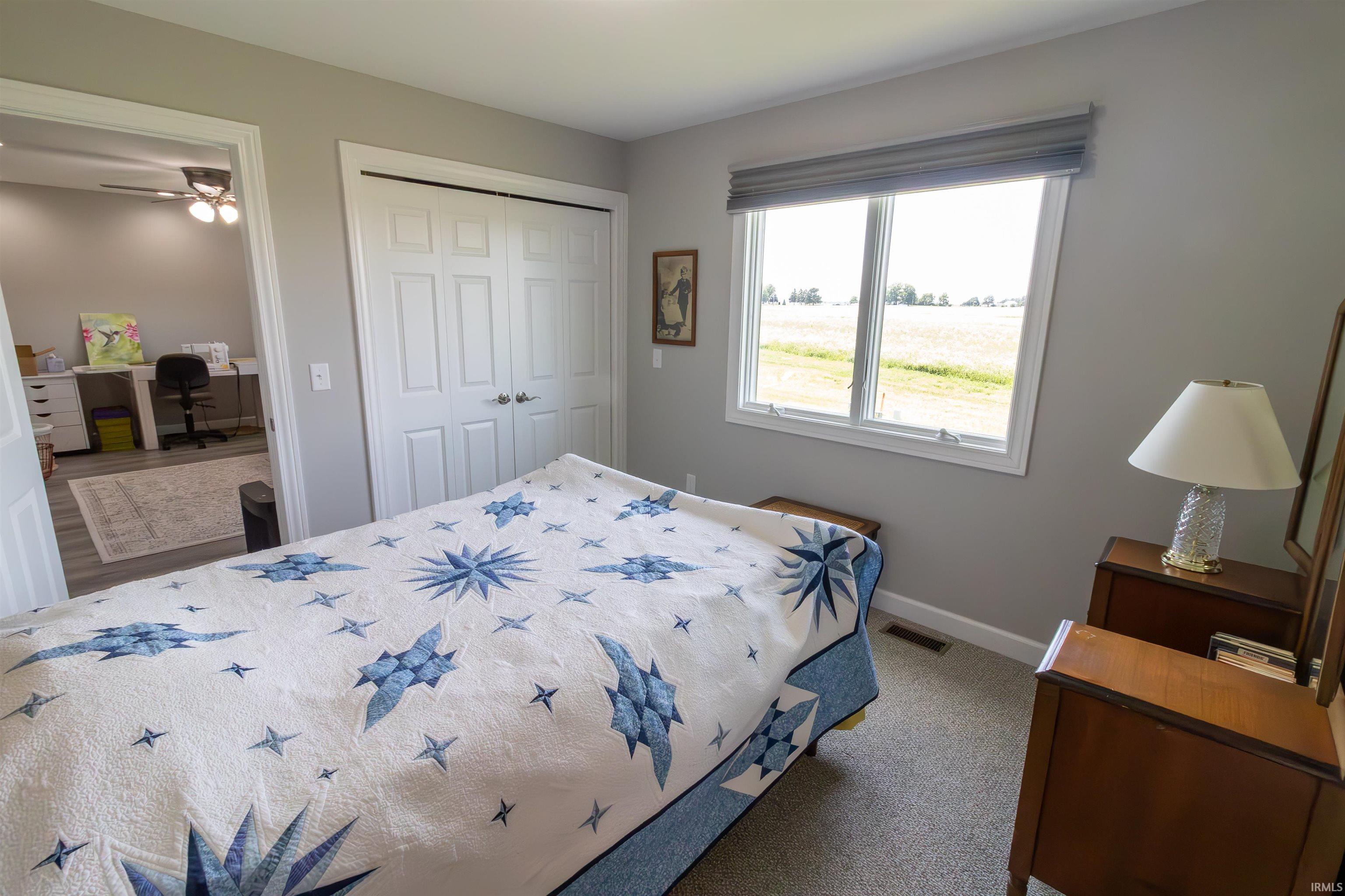 Neutral gray wall paint with white trim, a double-door closet, a window with a fabric shade, and gray carpet flooring