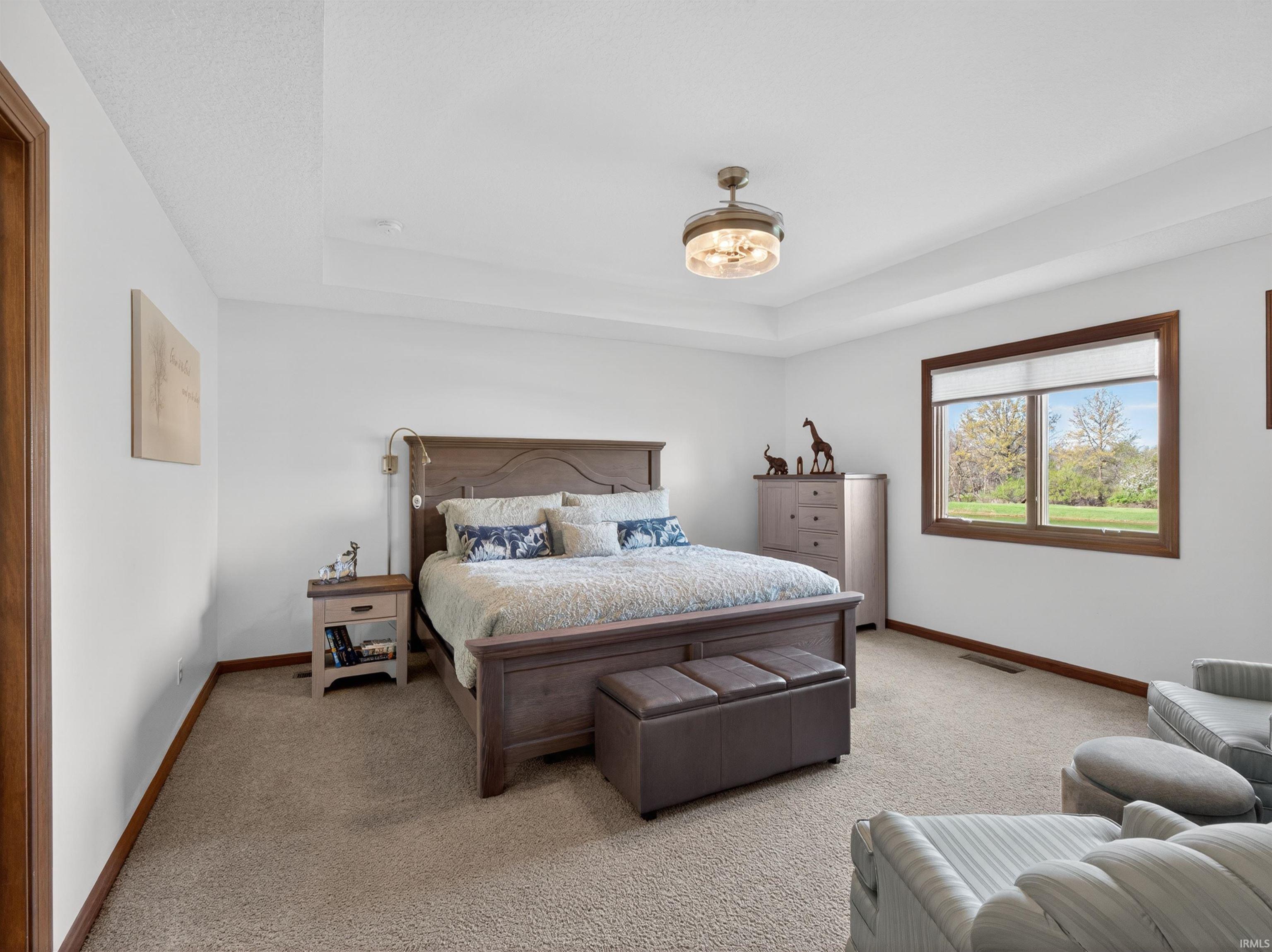 CUSTOM BLINDS Spacious room featuring a tray ceiling, LIGHT TAN carpet flooring, and a large DOUBLE window