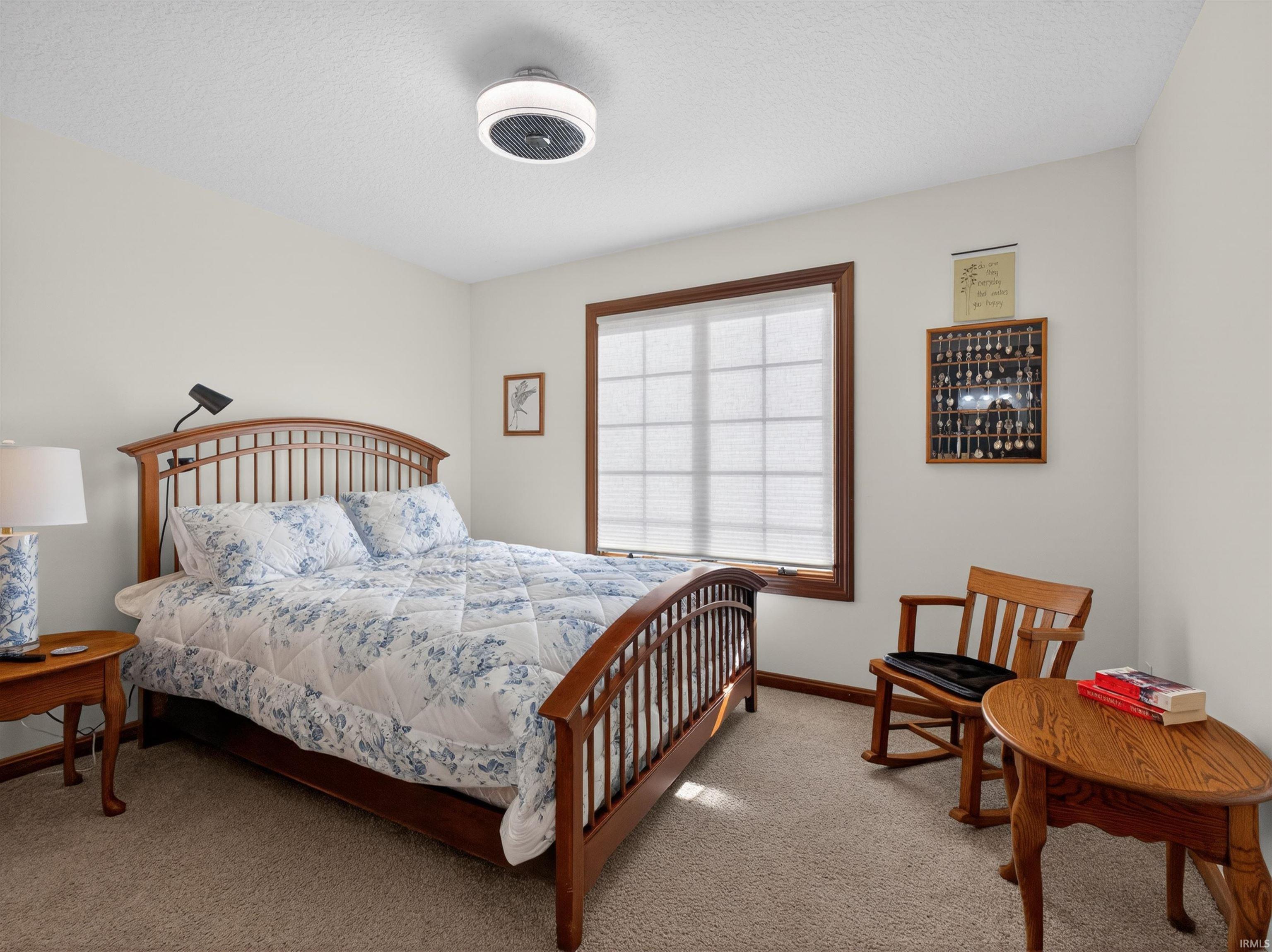 Carpeted room featuring a ceiling-mounted light/FAN fixture, WALK IN CUSTOM SHELVING CLOSET, SOLID WOOD 6 PANEL DOOR, LIGHT AND FAN SWITCHES ON WALL