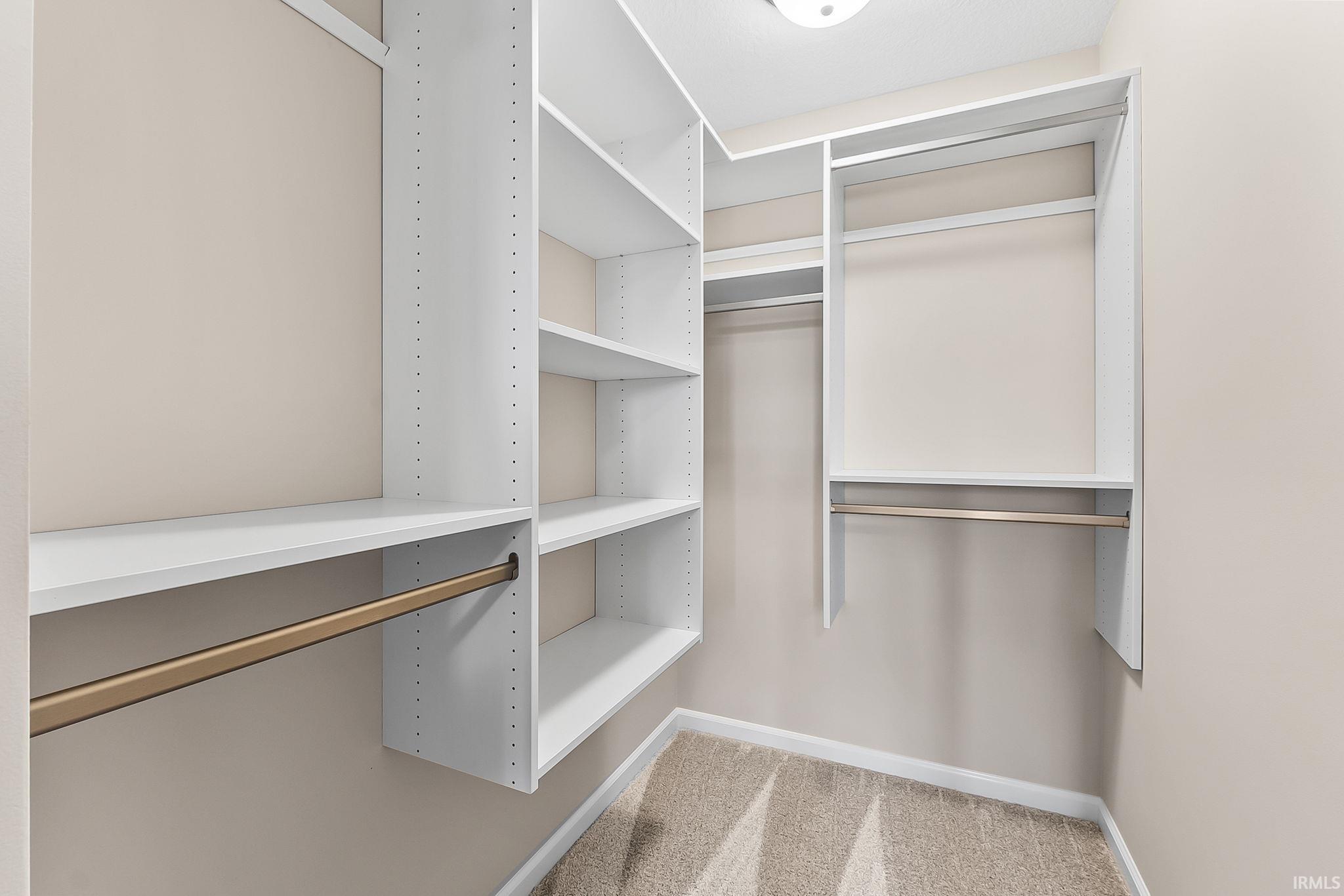 Walk-in closet featuring white built-in shelving, multiple hanging rods, and neutral-toned carpeting