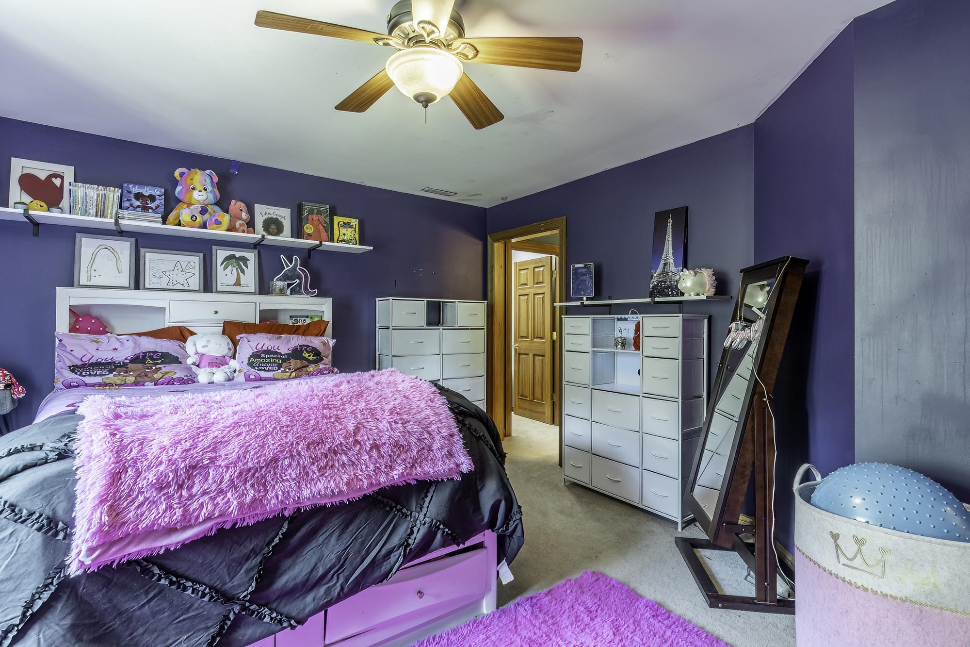 Carpeted bedroom featuring a ceiling fan with integrated lighting, a built-in headboard with shelving, and vibrant wall color
