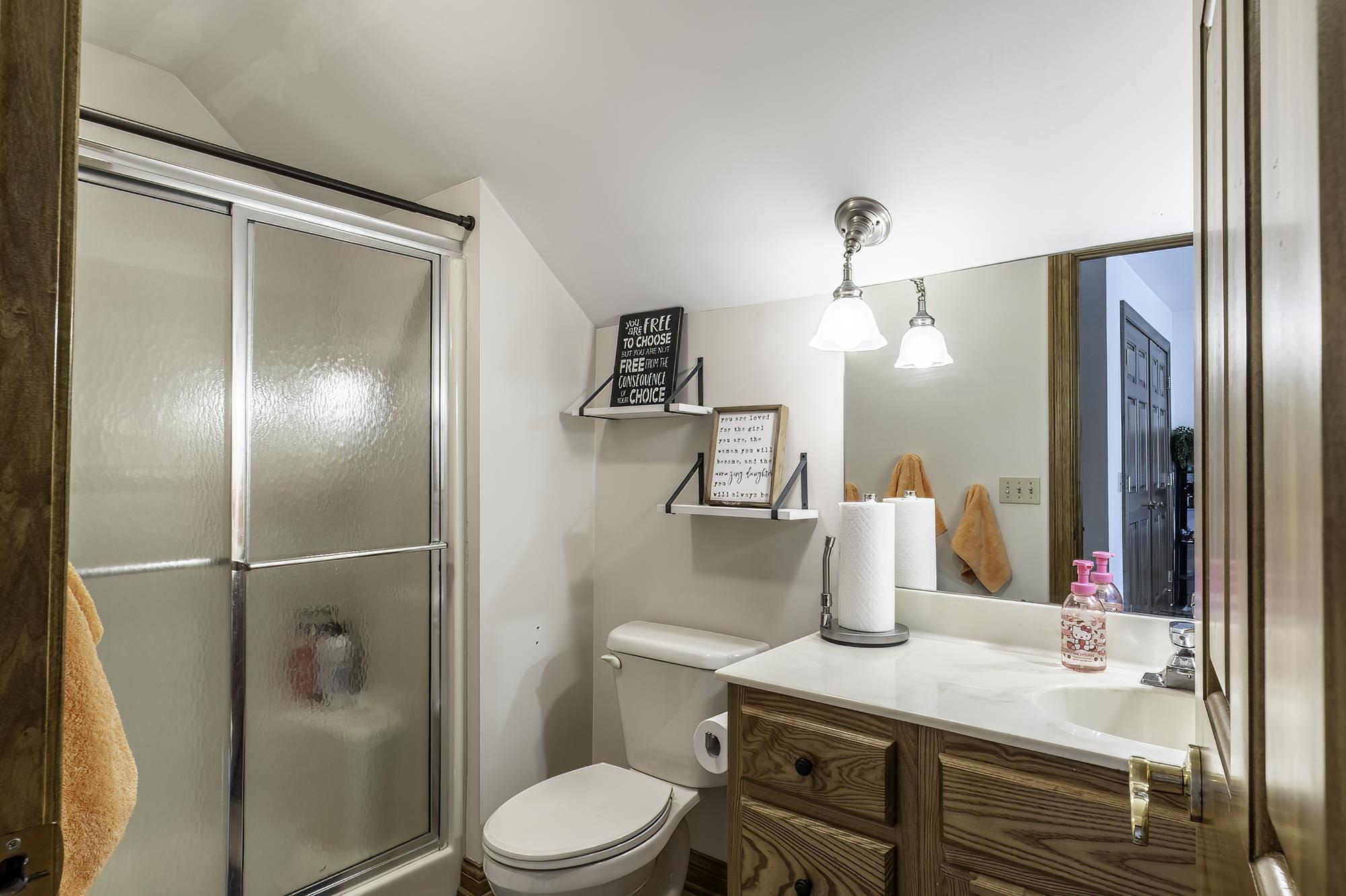 Bedroom suite Bathroom featuring a shower with sliding frosted glass doors, a vanity with a white countertop and wood-finish cabinetry, a mirror, and overhead lighting