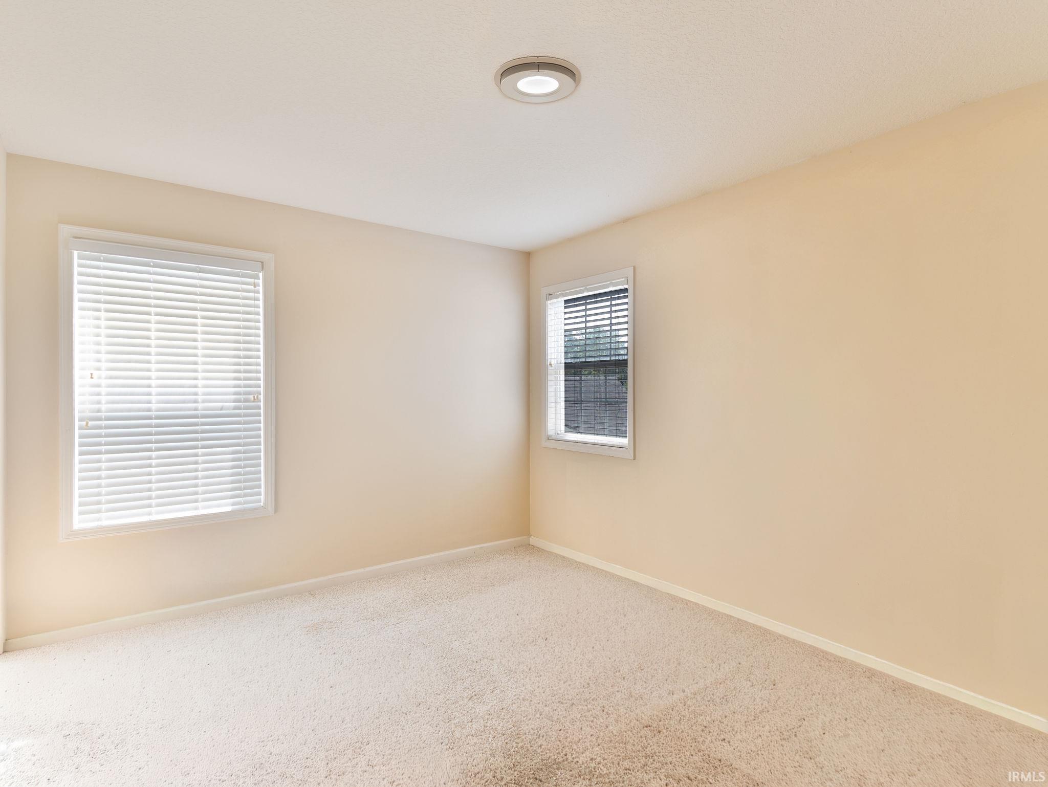 Neutral-toned room featuring two windows with blinds, light-colored carpeting, and a flush-mount ceiling light fixture
