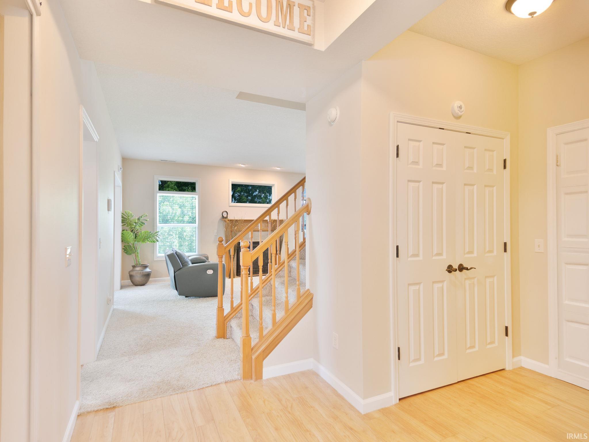 Laminate wood-finish flooring entry leading to carpeted living areas