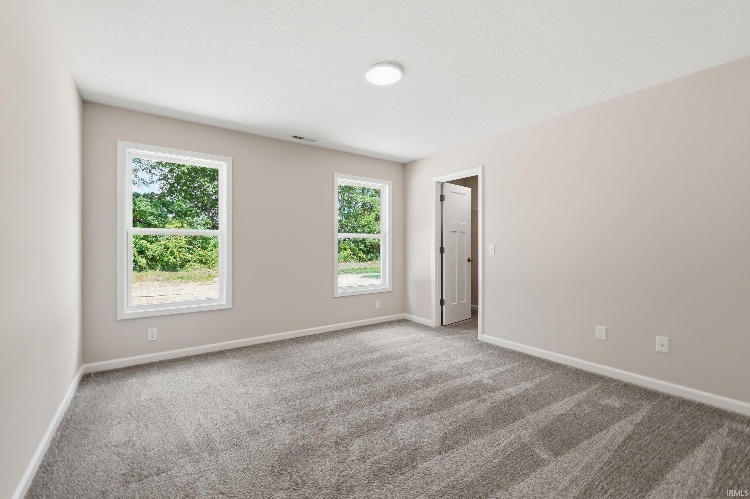 Neutral-toned room featuring a soft gray patterned carpet, two windows with white trim, and a surface-mounted ceiling light