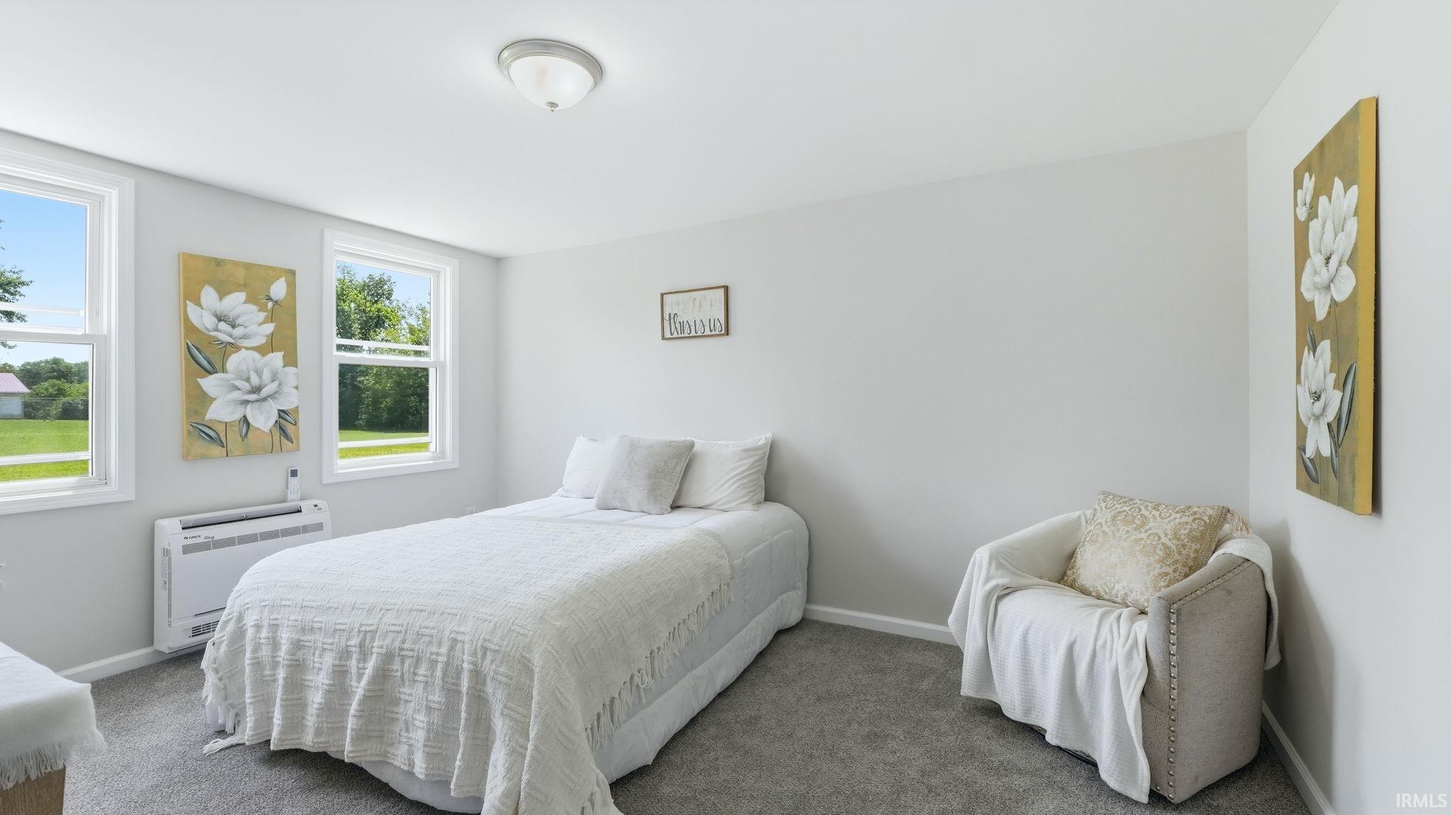 Light-filled room featuring two windows, neutral wall tones, gray carpeting, a flush-mount ceiling light fixture, and white baseboards
